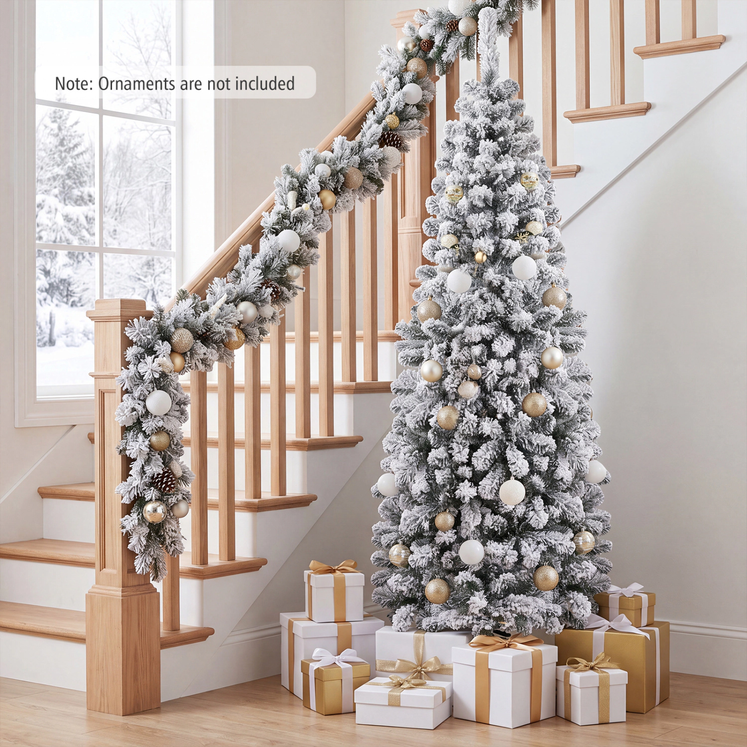 LJG 6 Feet Unlit Hinged Snow Flocked Artificial Pencil Christmas Tree with 500 Branch Tip