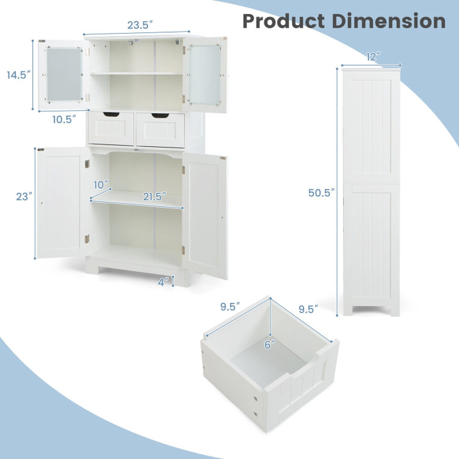SUGIFT 3-Tier Free-Standing Bathroom Cabinet with 2 Drawers and Tempered Glass Doors 33-lb Shelf Capacity White