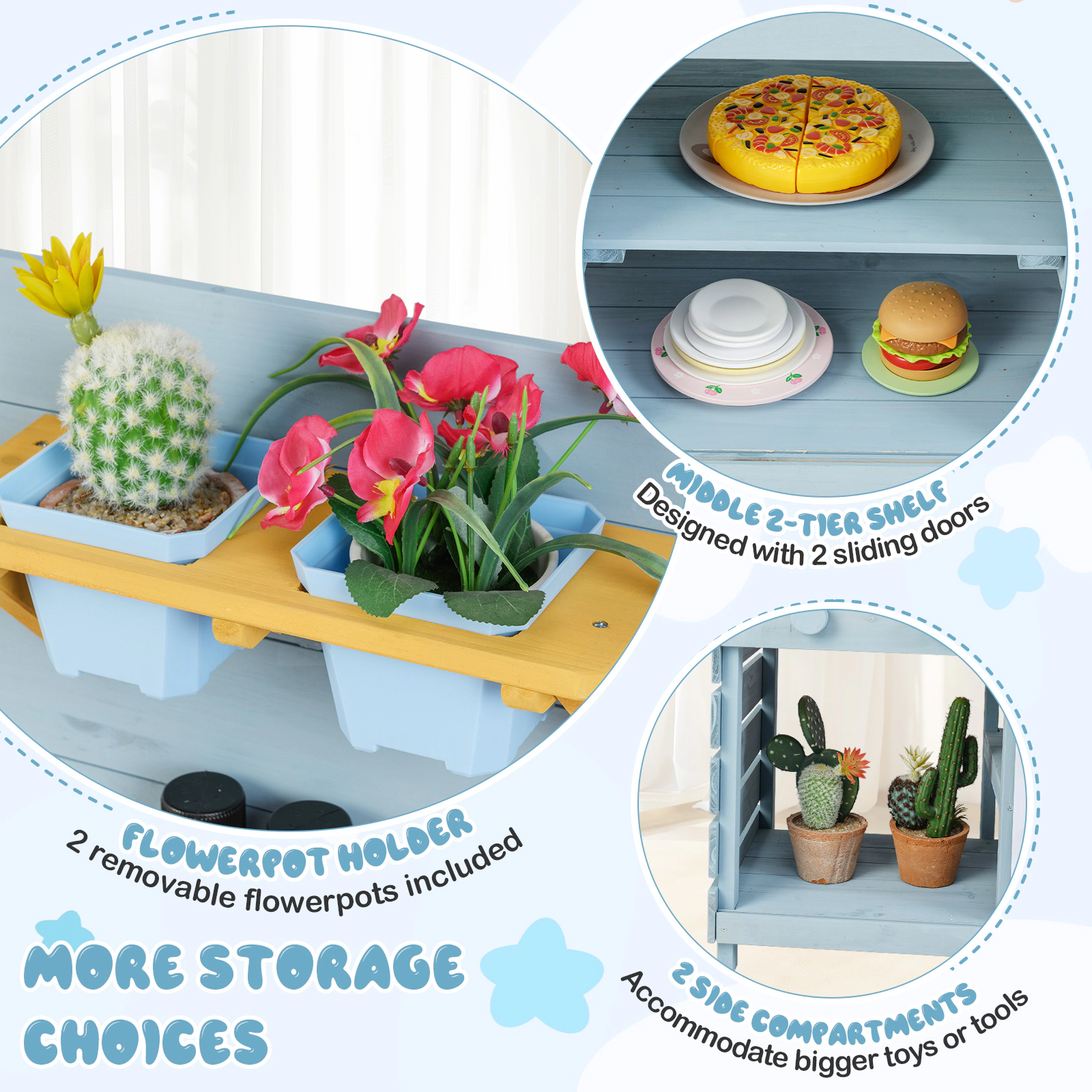 SUGIFT Kids Play Kitchen Set with Stoves Sink Blackboard Storage and Flowerpot Holders 43.5-in Wide Ages 3-8 Blue