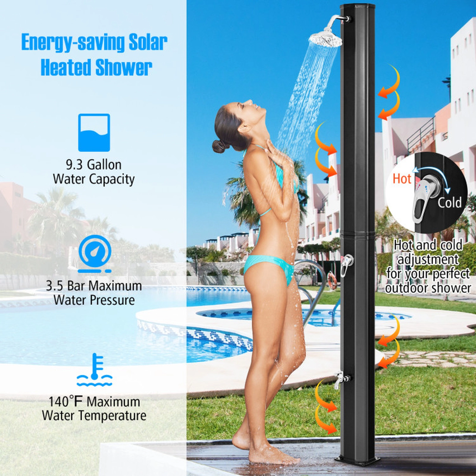 SUGIFT 7.2-ft Adjustable Outdoor Solar Heating Shower with 9.3-gal PVC Tank and Rotating Shower Head