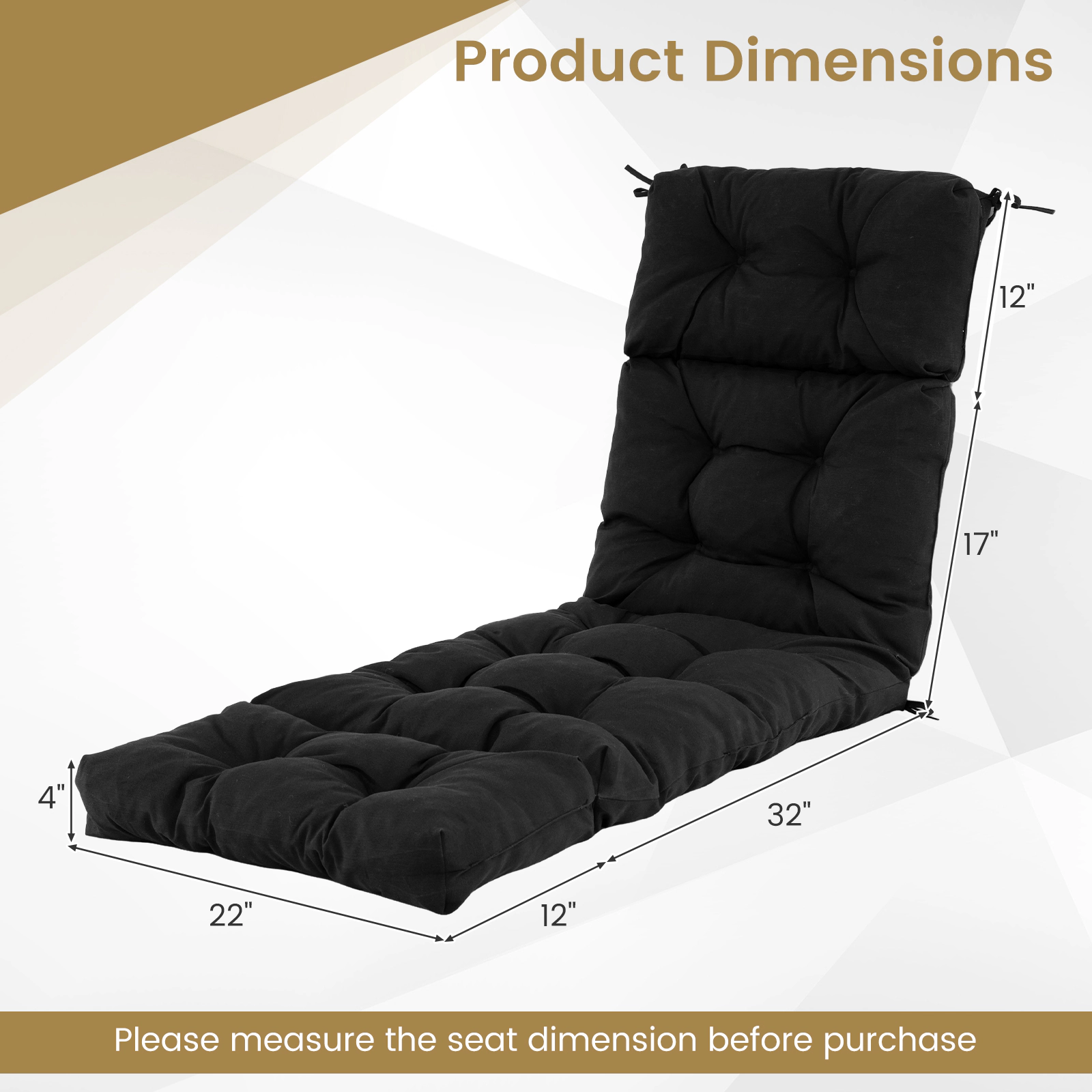 SUGIFT 73-in x 22-in Black Waterproof Machine Washable Outdoor Lounge Chaise Cushion with 4 String Ties