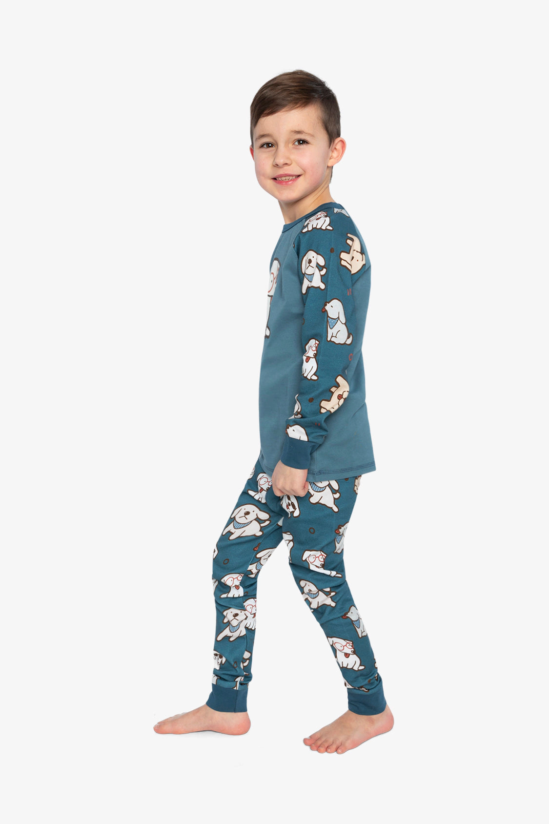 Deux par Deux Boys Organic Cotton Dog Print Two Piece Pajama Set with Raglan Sleeve Top and Waist Pants