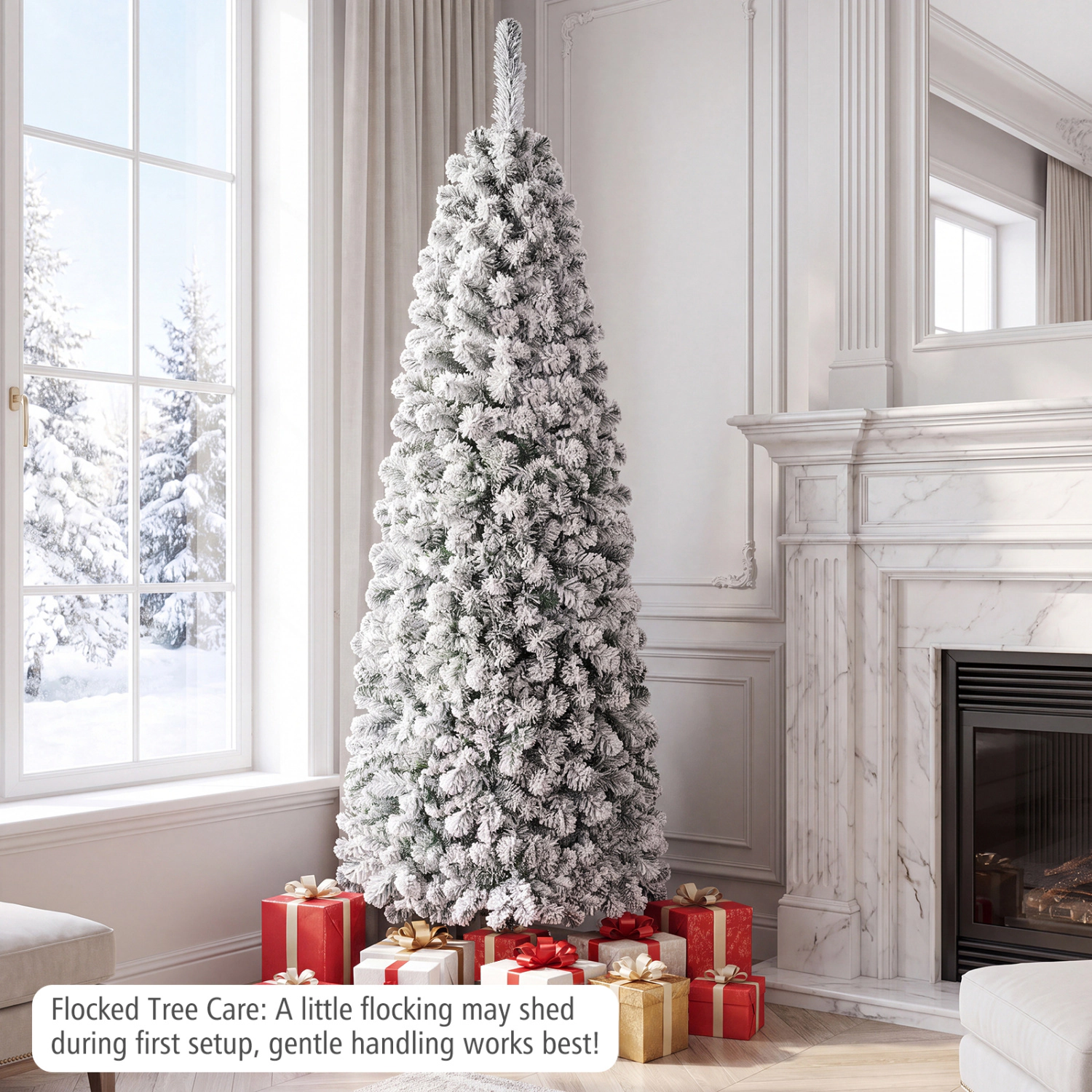 LJG Feet Pre-Lit Snow Flocked Artificial Pencil Christmas Tree with LED Lights