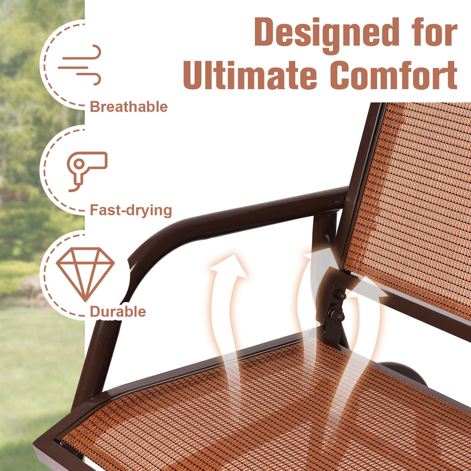 SUGIFT Brown Steel Frame 48-in Swing Glider Loveseat Rocker Lounge Bench