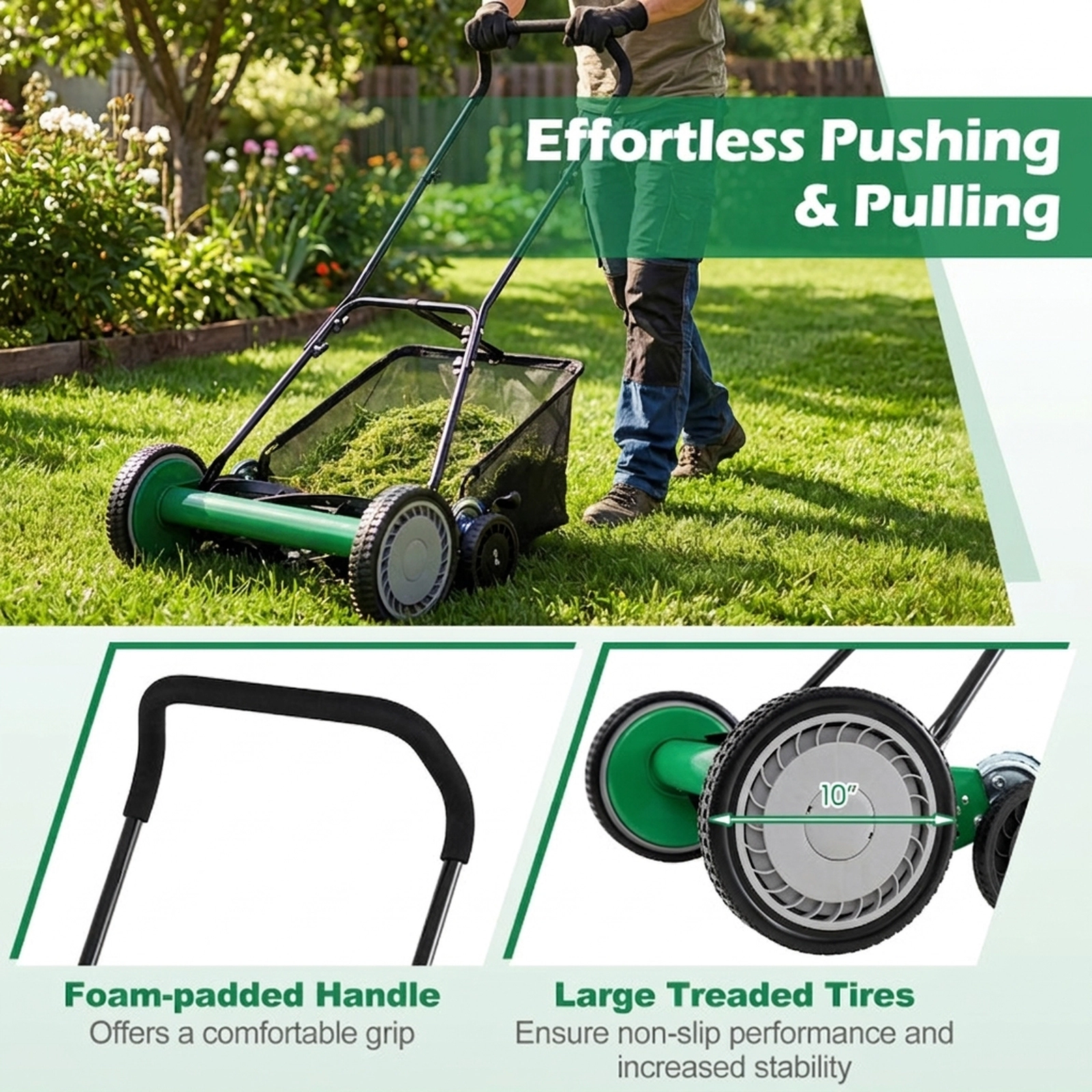 SUGIFT 18-in Cutting Width Push Reel Lawn Mower 4-Position Adjustable with Removable Grass Catcher Green