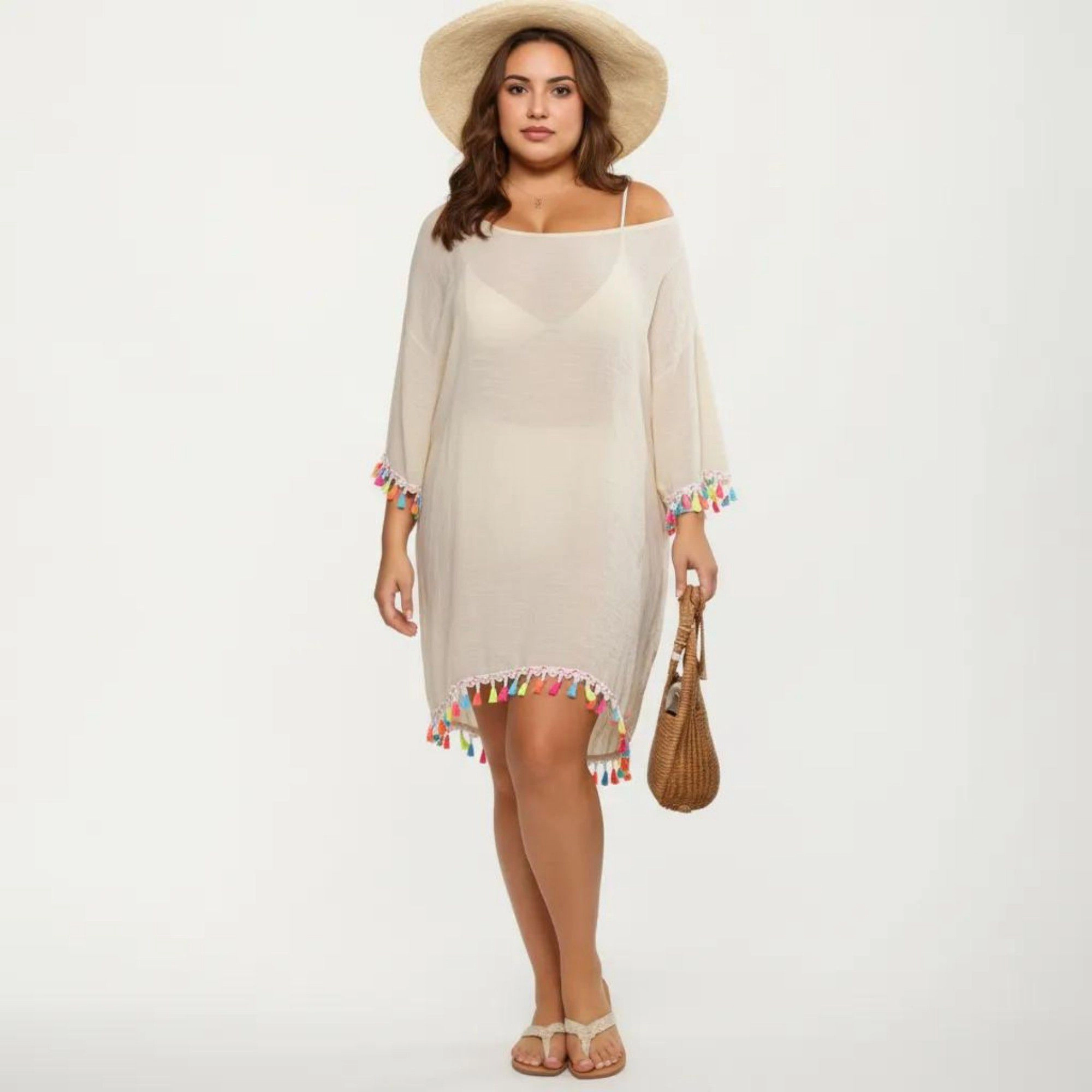 Anna-Kaci Women's Plus Sheer Tassel Trim Scoop Neck Loose Fit Swim Cover Up Dress