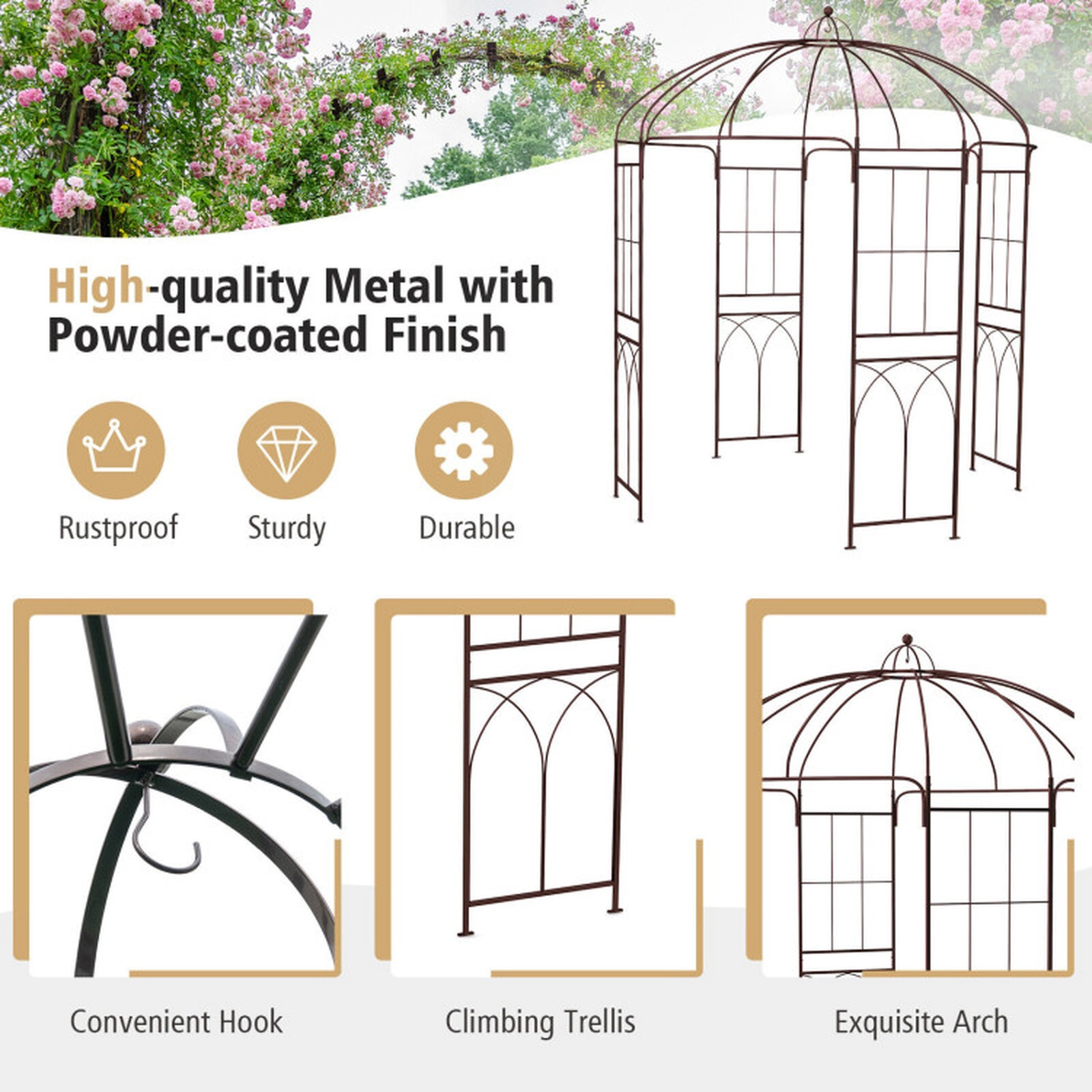SUGIFT 8.4-ft Bronze Birdcage Shape Metal Garden Arbor with Anti-Rust Coating and 16 Ground Stakes
