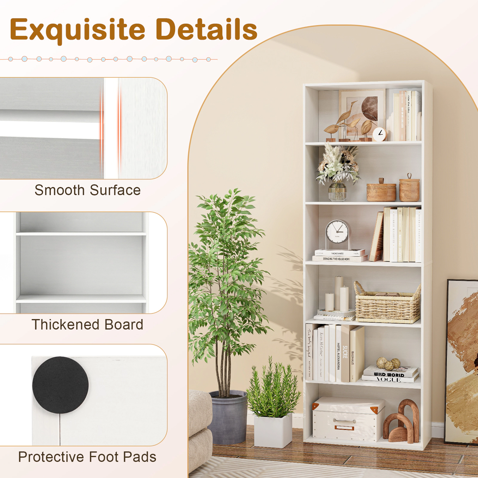 SUGIFT 6-Tier MDF Engineered Wood Bookcase 6 Open Shelves 200-lb Total Capacity 70-in Tall With Anti-Toppling Kits White