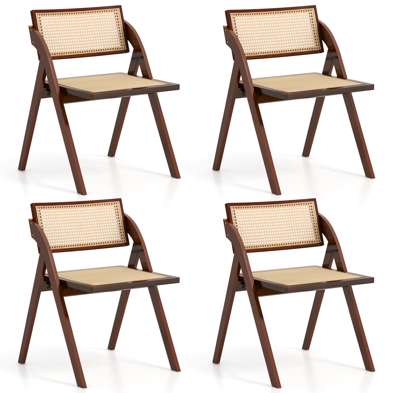 LJG Set of 4 Foldable Dining Chairs with Woven Rattan Backrest