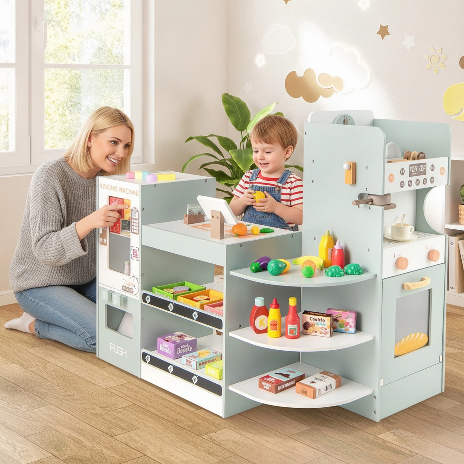 Grocery Store Playset Coffee Machine Vending Machine 30-pc Accessories 37-in Kids Pretend Supermarket Ages 3+ Green