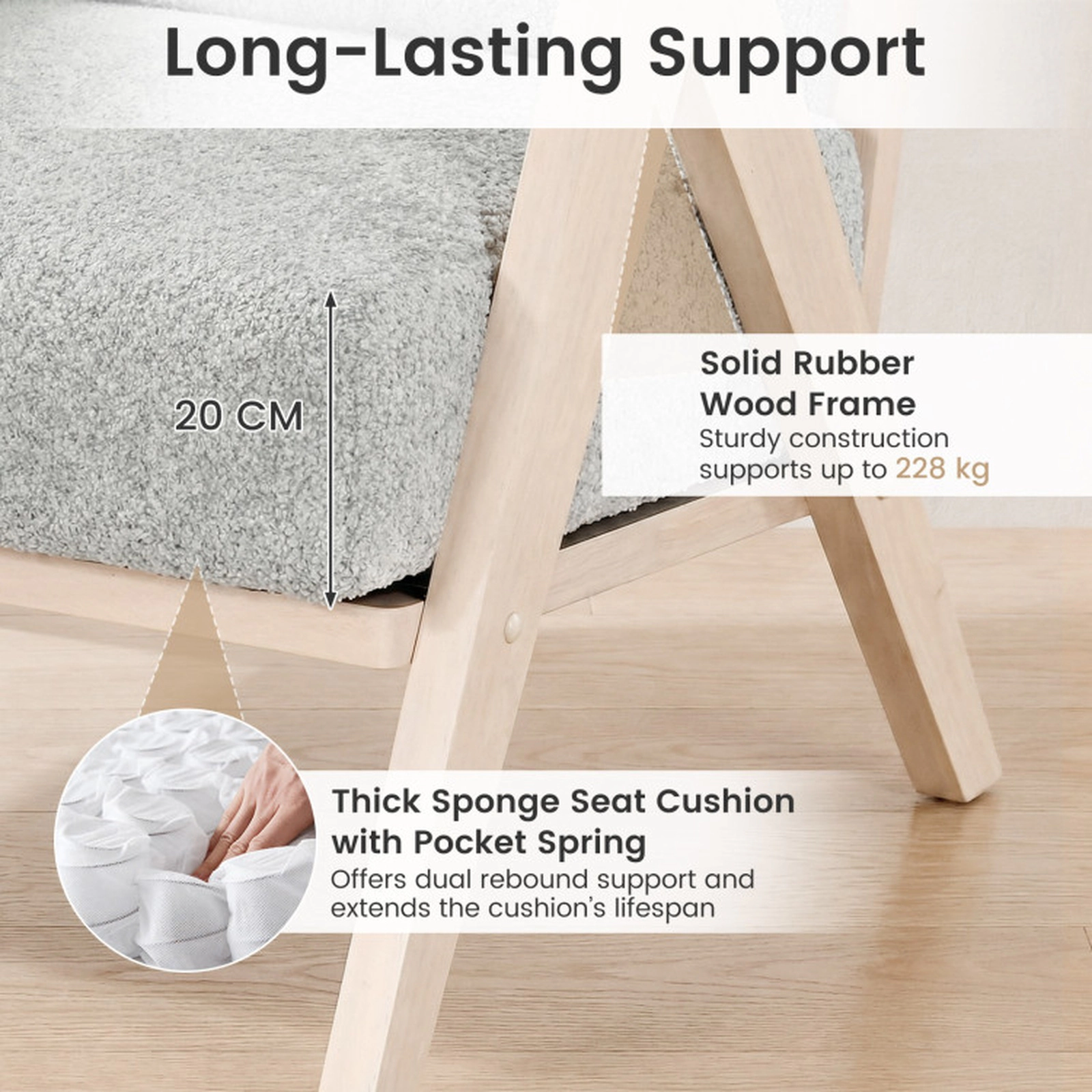 SUGIFT Gray Pocket Springs Rubber Wood Frame and 2 Pillows Loveseat Sofa for Small Spaces