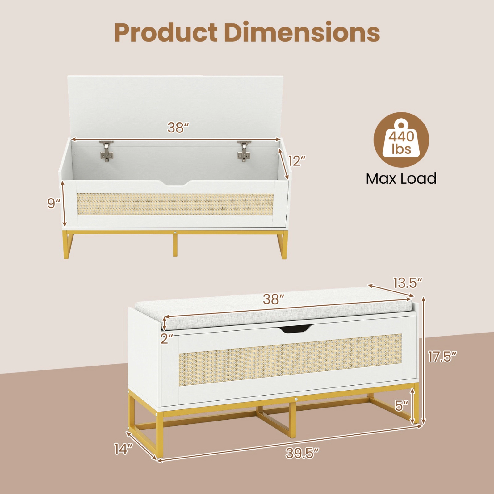 SUGIFT 39.5 Inch Rattan Storage Bench White Wicker Shoe Bench with Padded Flip-Top