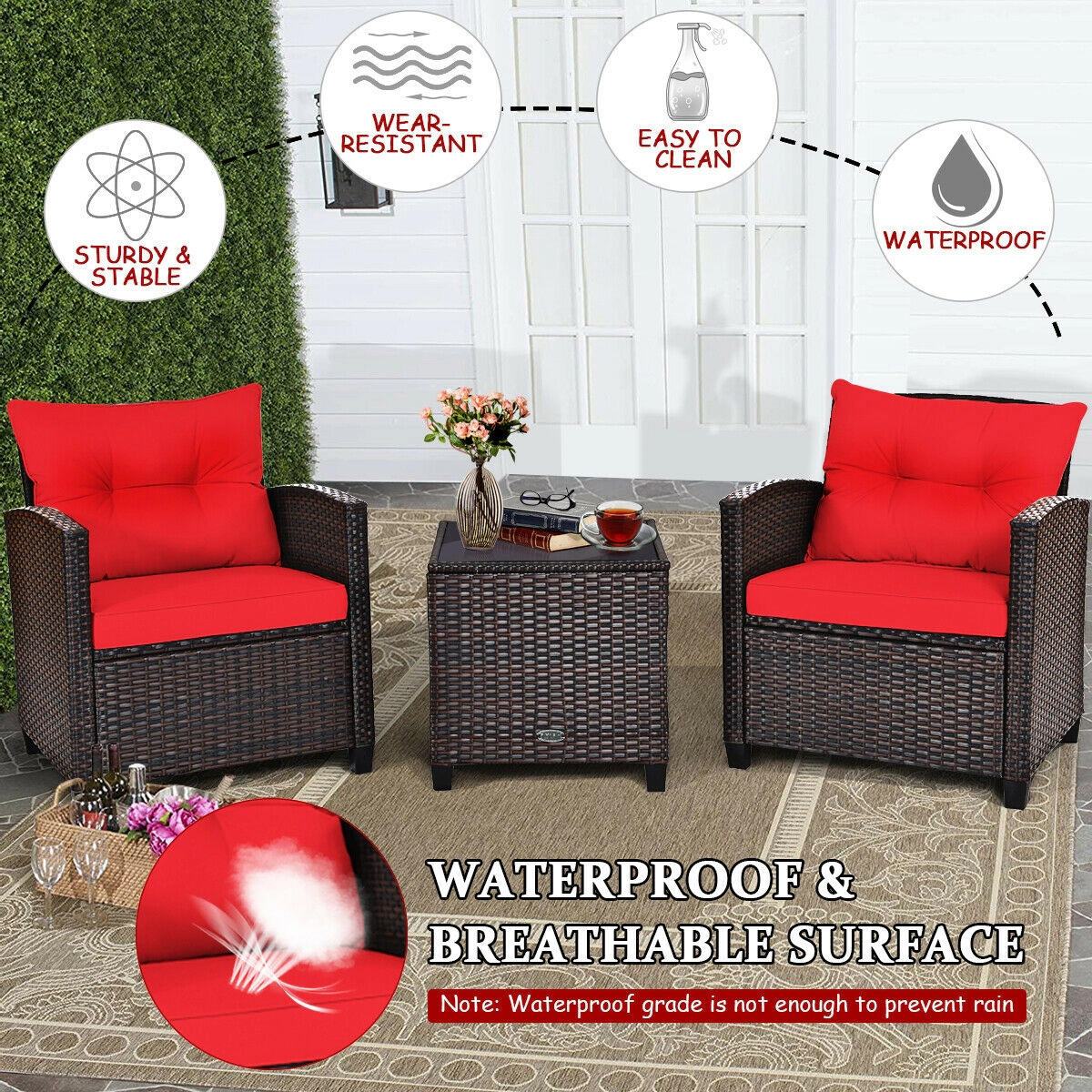 SUGIFT 3-Piece Patio Rattan Cushioned Conversation Set with Coffee Table 360-lb Chair Capacity Red