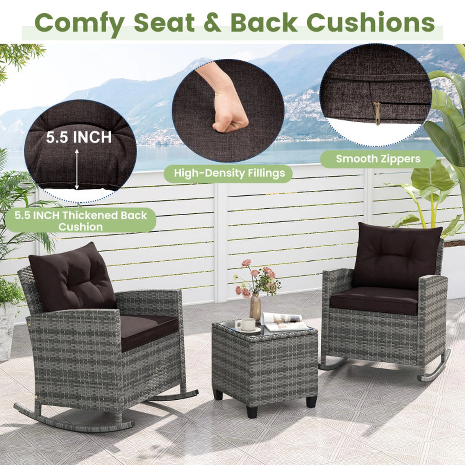 SUGIFT 3-Piece Patio Rattan Rocker Conversation Set with Tempered Glass Table 400-lb Capacity Mix Gray-Black