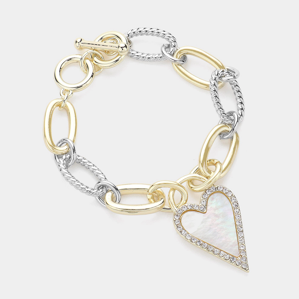 FASHNZFAB Mother Of Pearl Heart Charm Pointed 14K Gold Plated Two Tone Metal Link Toggle Bracelet
