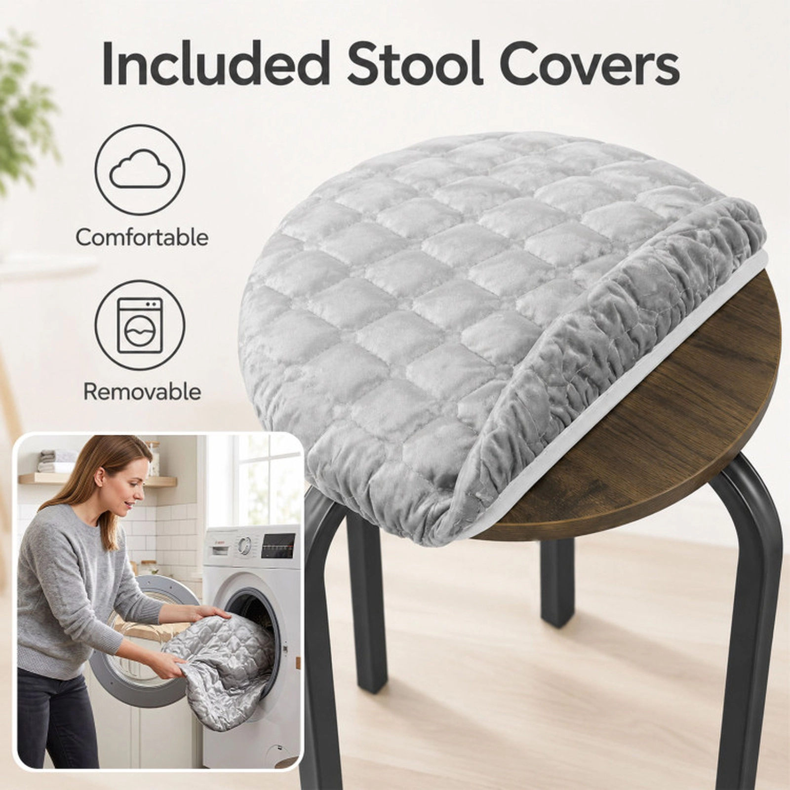 SUGIFT Stackable Round Stools with Removable Washable Covers 330-Lb Capacity Rustic Brown and Black with Gray Covers