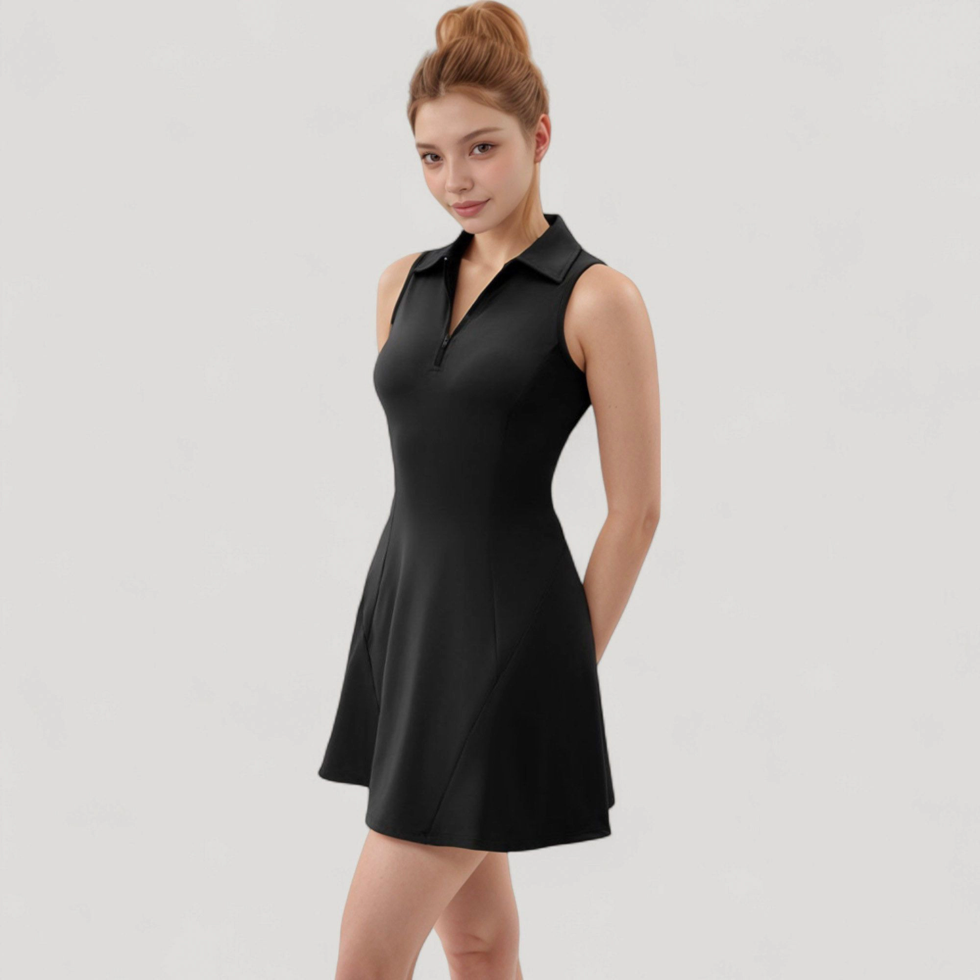 Anna-Kaci Women's Sleeveless Zip-Up Tennis Dress with Collared V-Neck and Flared Hem