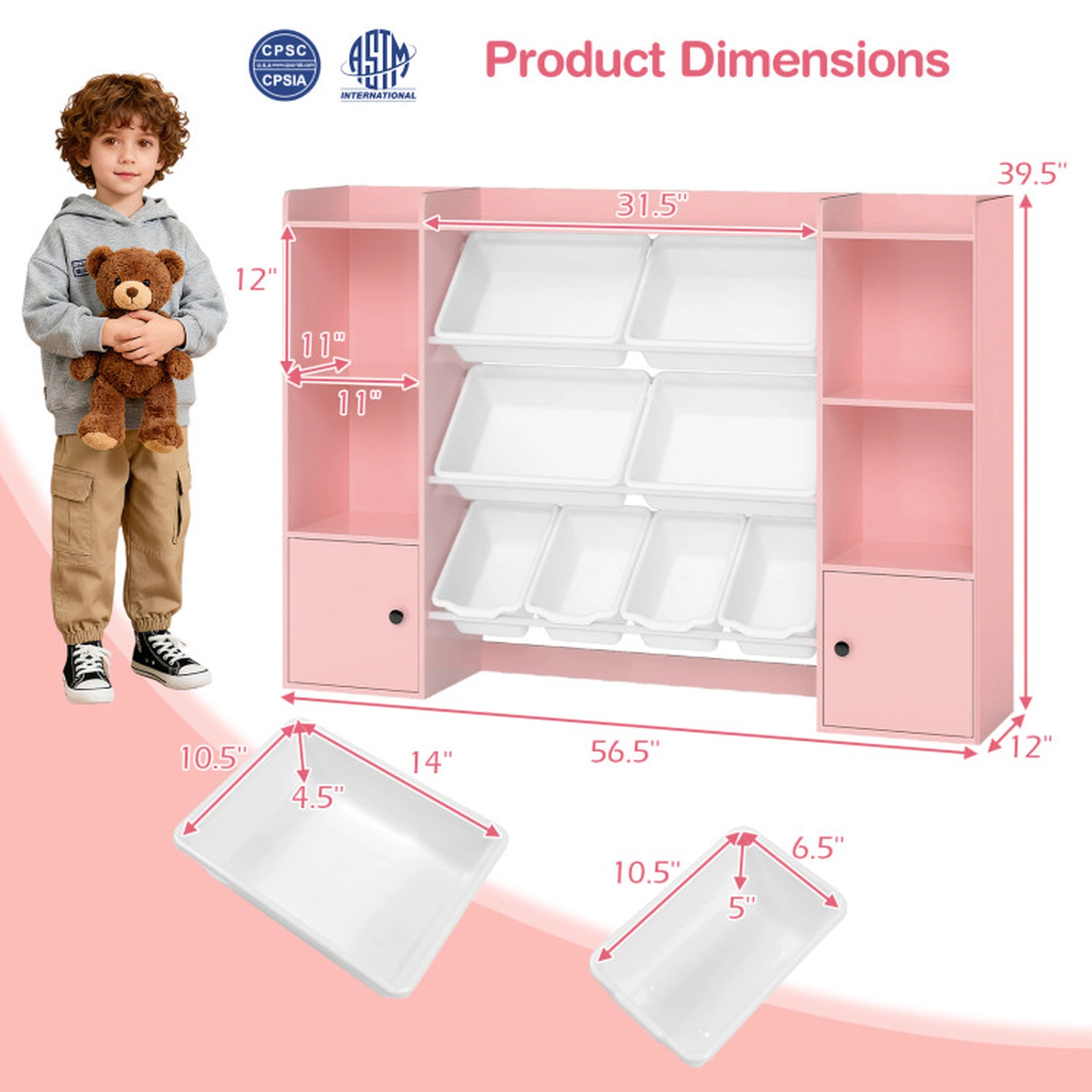 SUGIFT Kids Toy Storage Cabinet and Bookshelf Toy Organizer 385-lb Capacity Ages 3+ with Boxes and Open Shelves Pink