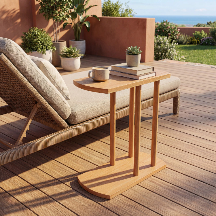 Hivvago Narrow 2-Tier C-Shaped Teak Wood Side Table With Thickened Top And Sturdy Base