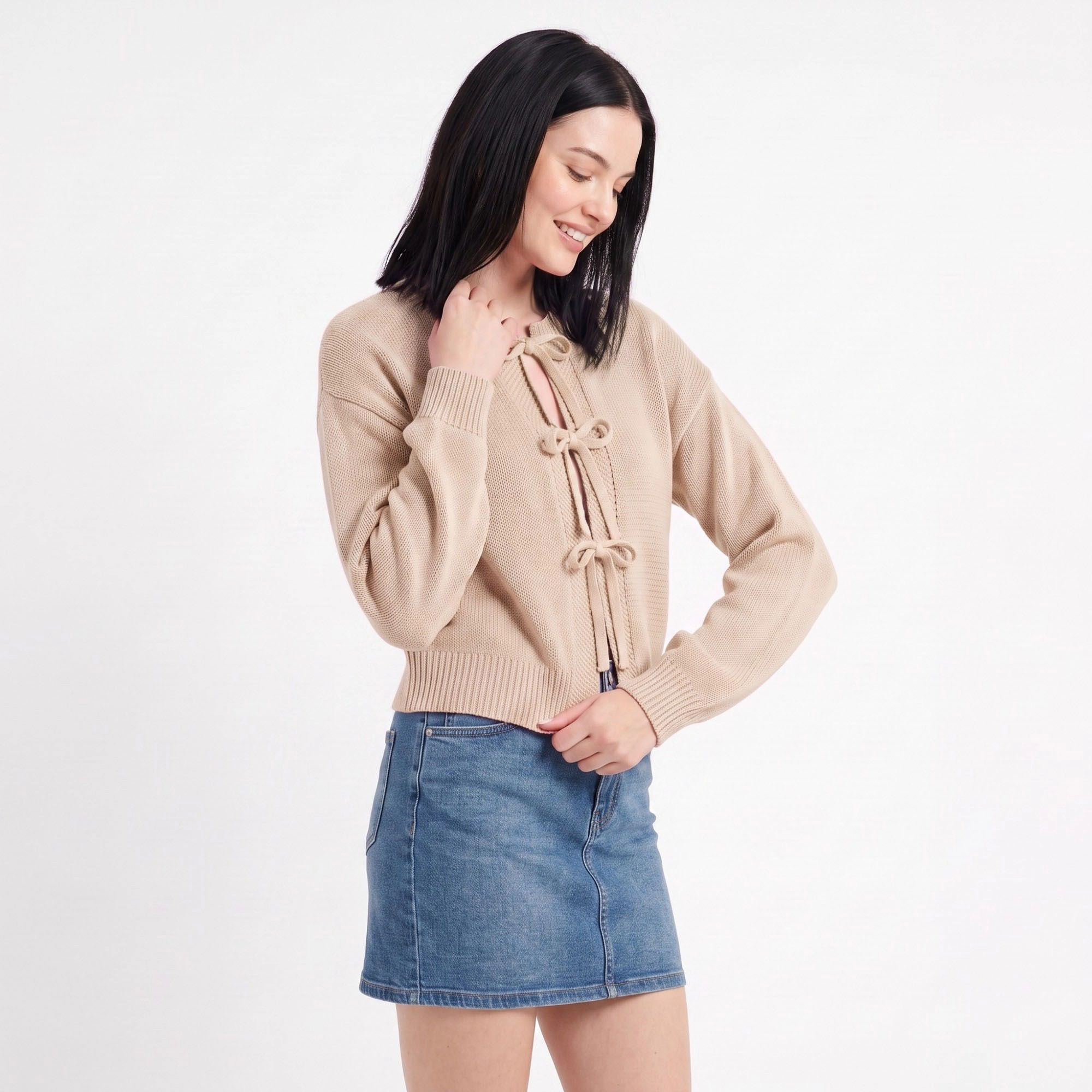 Anna-Kaci Women's Tie-Front Long Sleeve Cropped Knit Cardigan