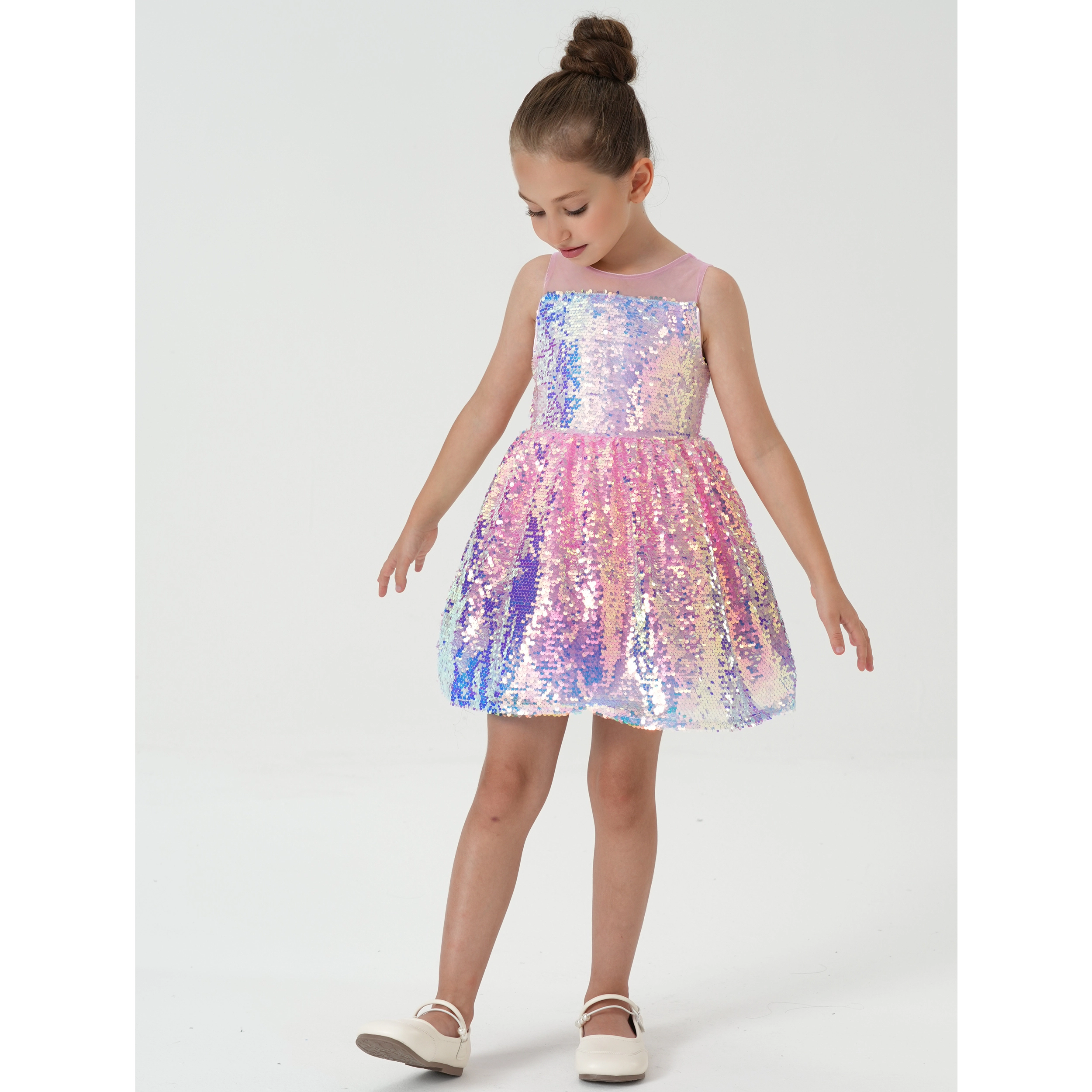 2Bunnies Girls' Ombre Sequin Illusion Neckline Sleeveless Dress