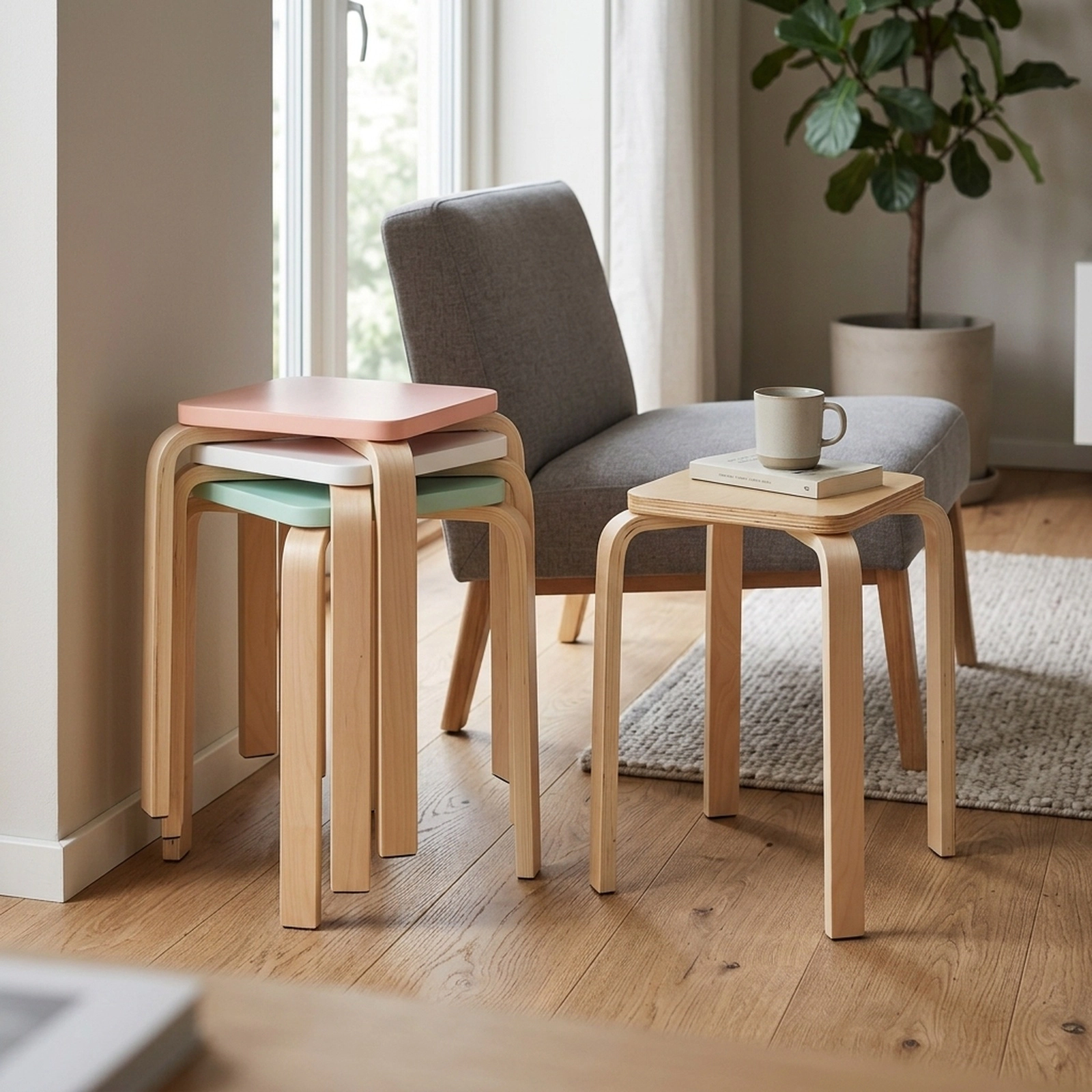 SUGIFT Set of 4 Stackable Square Wooden Stools, 18-Inch, Multicolor