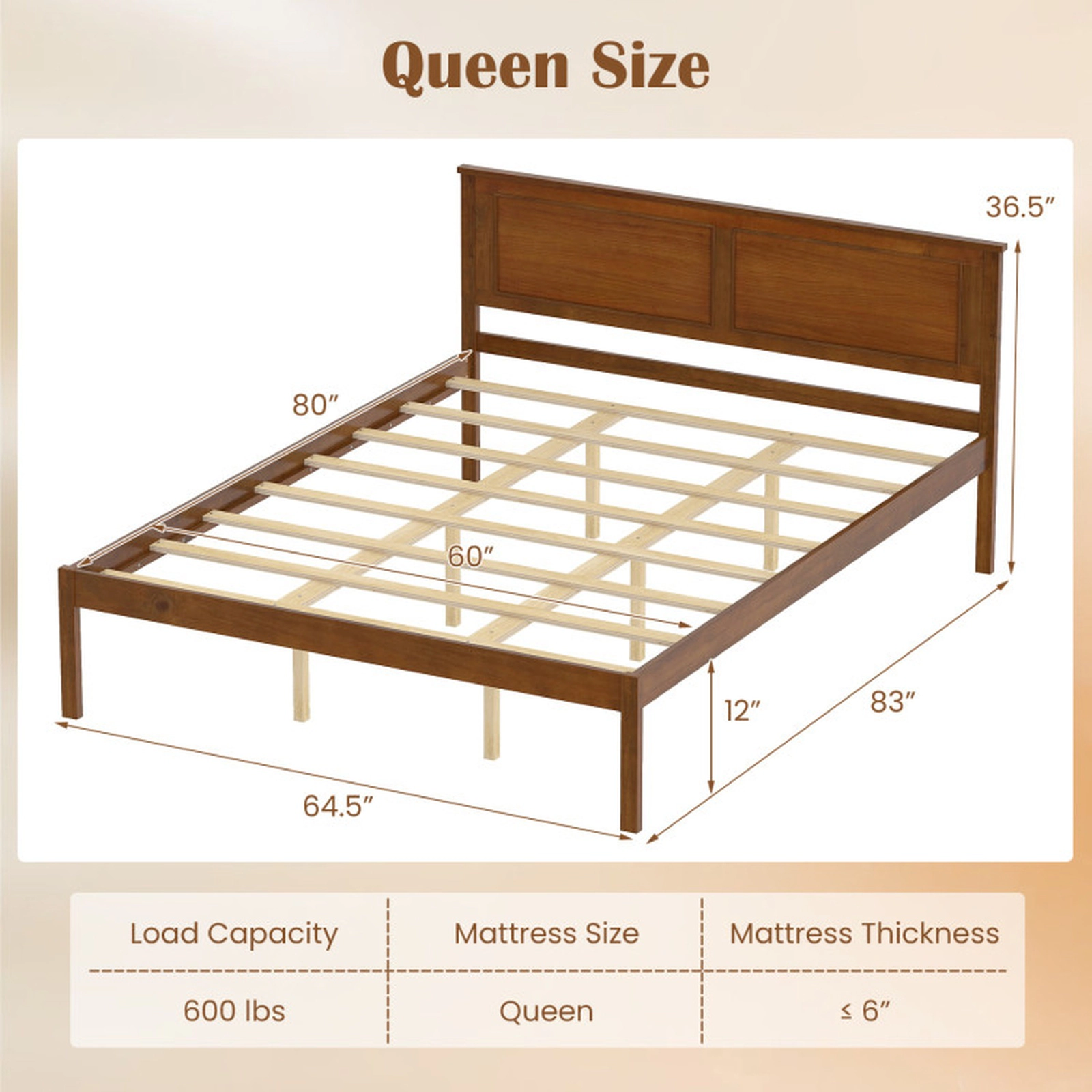 SUGIFT Walnut Panel Headboard Queen Size Farmhouse Wooden Platform Bed Frame