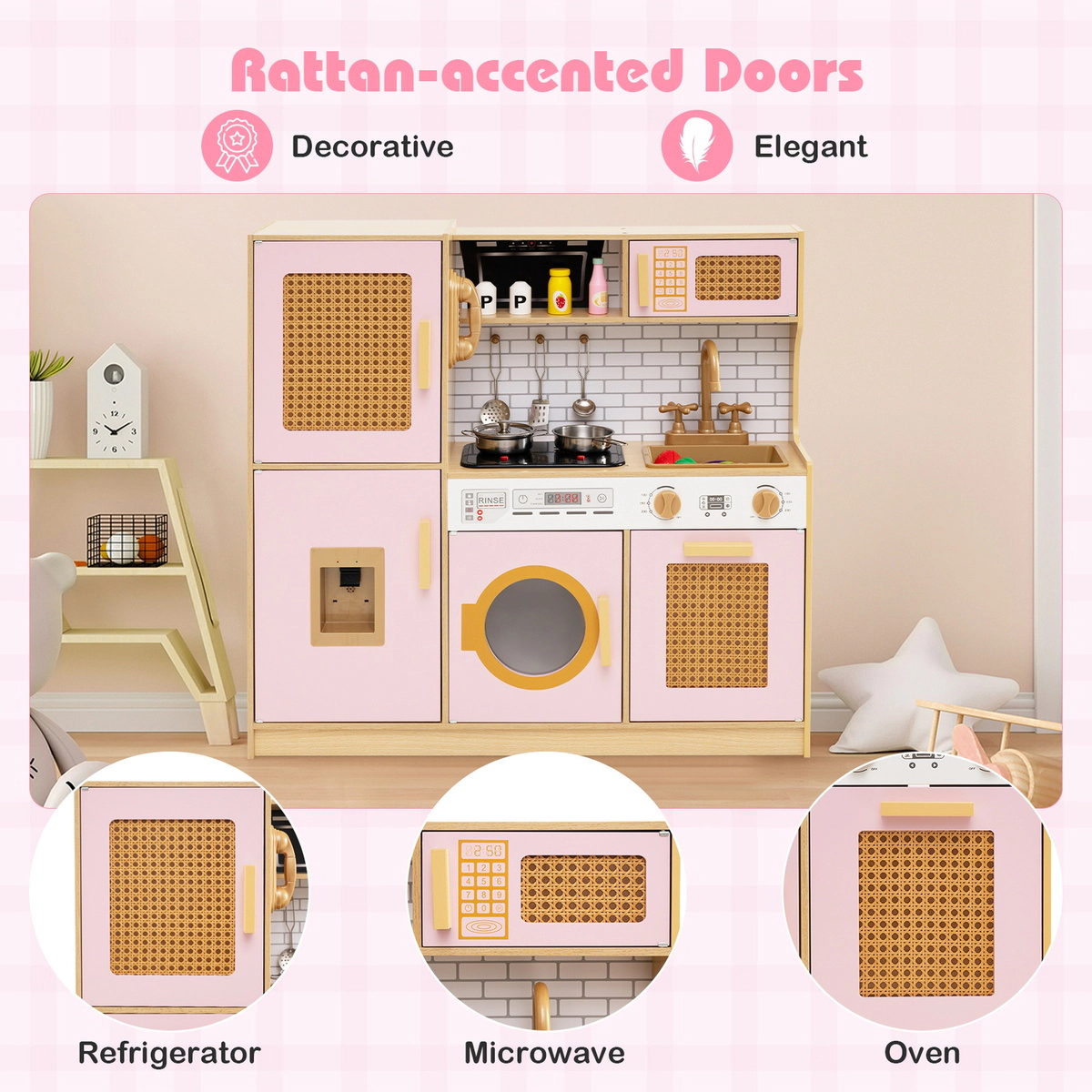 SUGIFT Pink Rattan Doors Lights Sounds and Washing Machine Kids Wooden Kitchen Playset