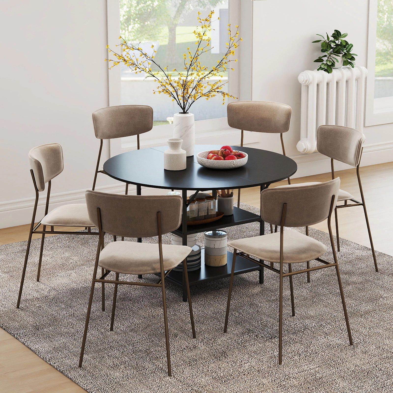 LJG 47 Inch Round Dining Table for 4-6 People Large Kitchen with 2-Tier Storage Shelves