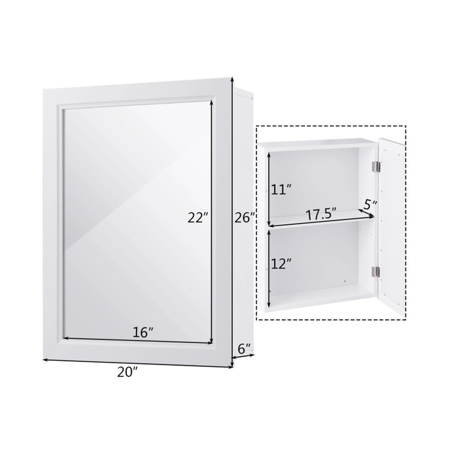 SUGIFT Single Mirror Door 3-Position Adjustable Shelf MDF Bathroom Medicine Cabinet 20-in x 6-in x 26-in 19-lb White