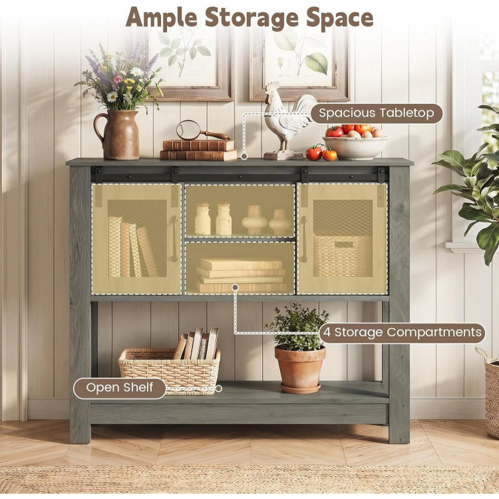 SUGIFT 40-in 150-lb Capacity Gray Console Table with 2 Sliding Barn Doors Mesh Accents and Adjustable Shelf