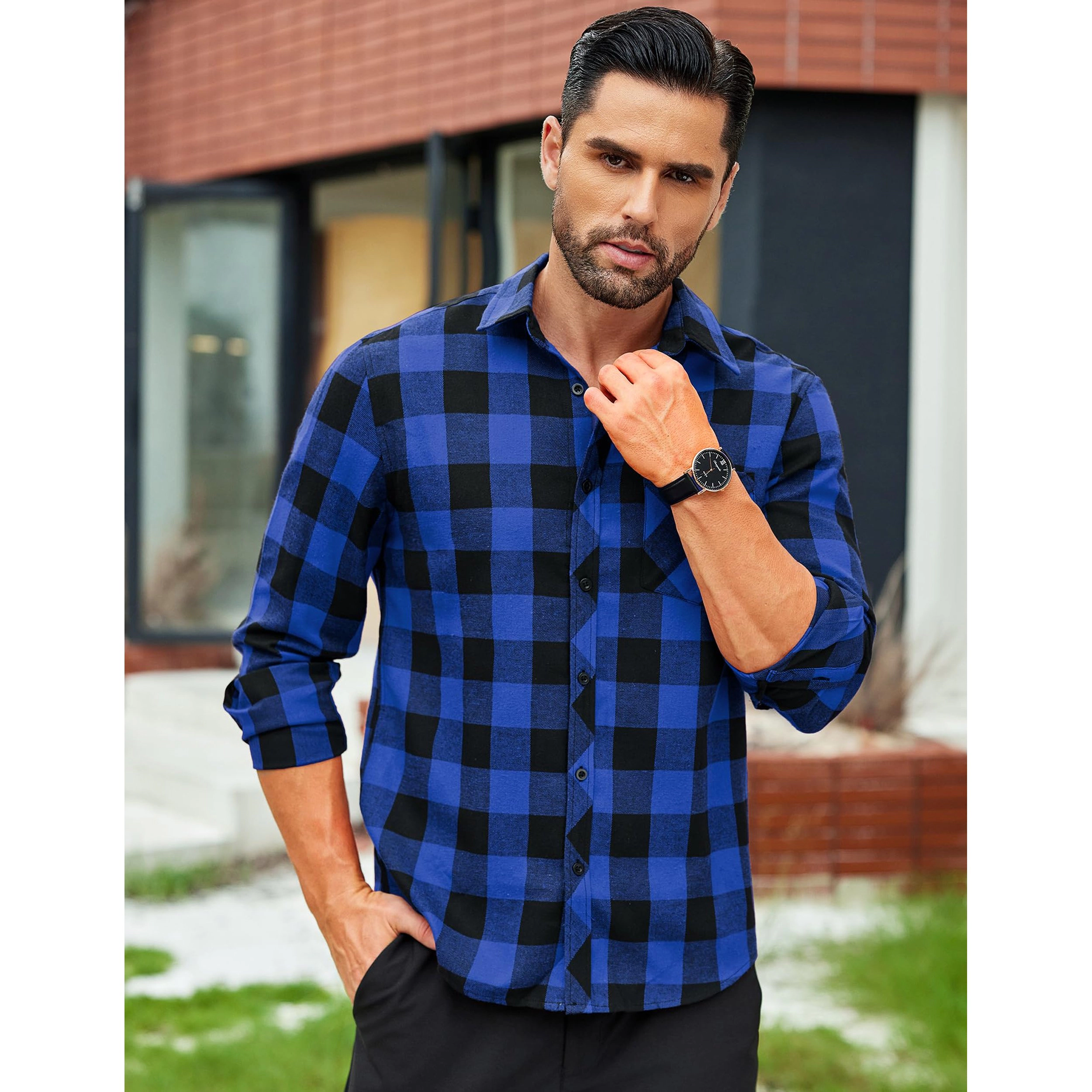 COOFANDY Men's Regular Fit Long Sleeve Collar Neck Flannel Shirt