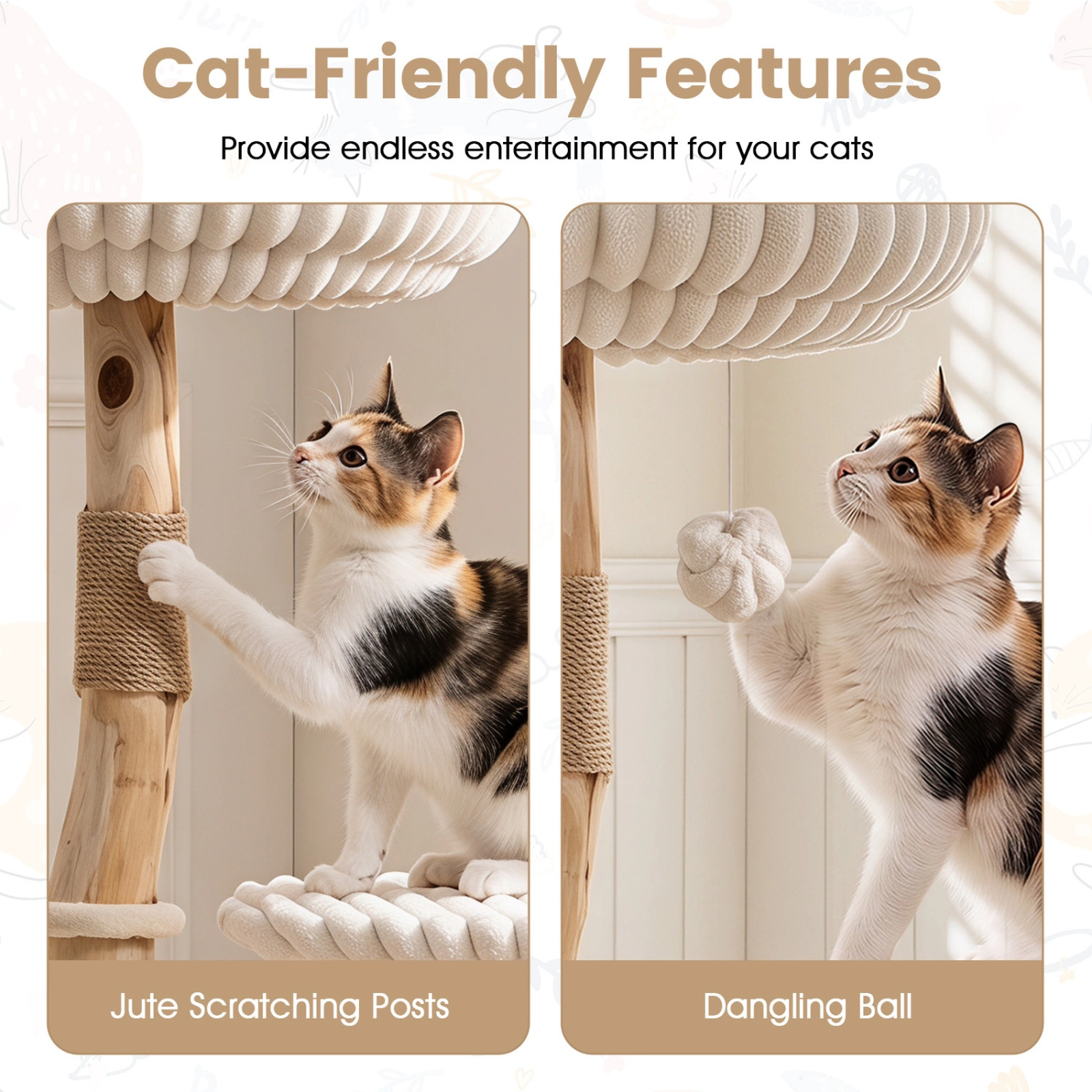 SUGIFT Beige 41 in Solid Wood Cat Tree with Real Branches and Cozy Condo Bed