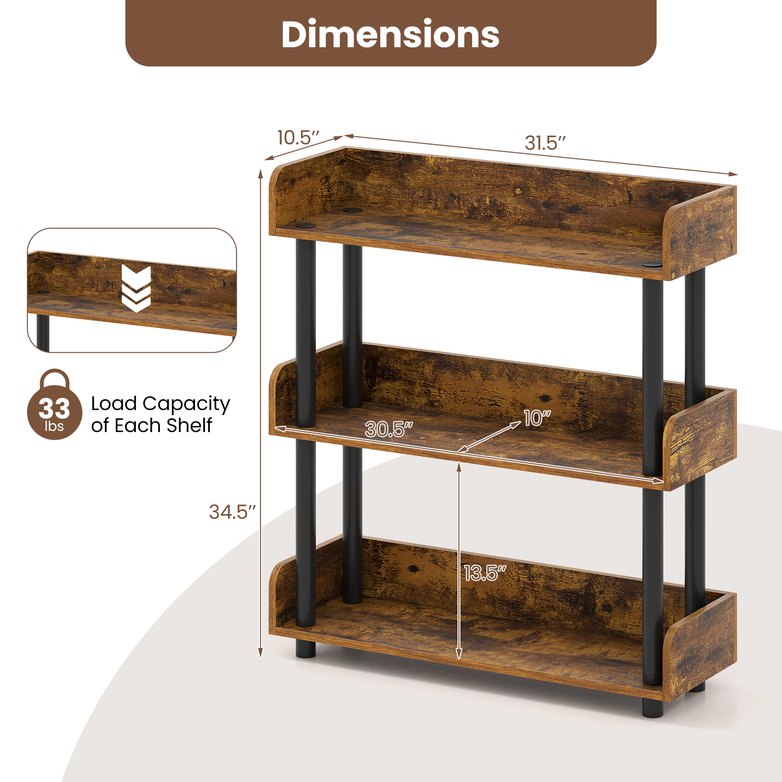 SUGIFT 3-Shelf Rustic Brown 31.5-in Wide Low Bookshelf Open Display Storage Unit with Anti-Tipping Kit