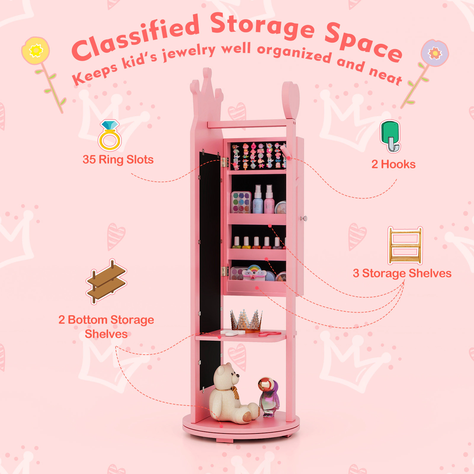 SUGIFT Pink Full Length Mirror Clothes Rack and Shelves Free-Standing Kids Jewelry Armoire