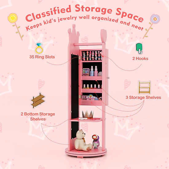 SUGIFT Pink Free-Standing Kids Jewelry Armoire with Full Length Mirror Clothes Rack and Shelves 44-in H