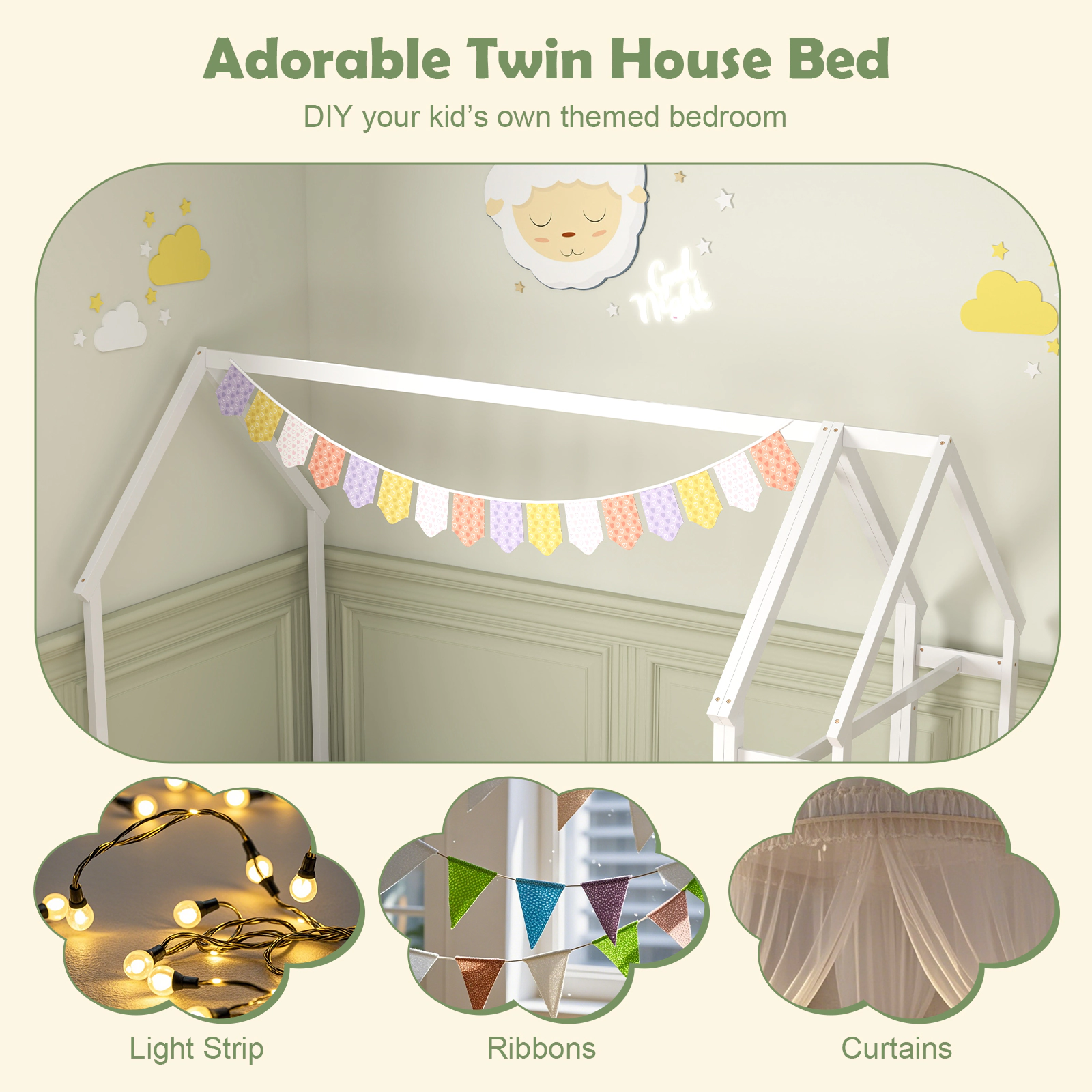 SUGIFT White Storage Shelf and Reversible Clothes Hanger Twin Kids House Floor Bed