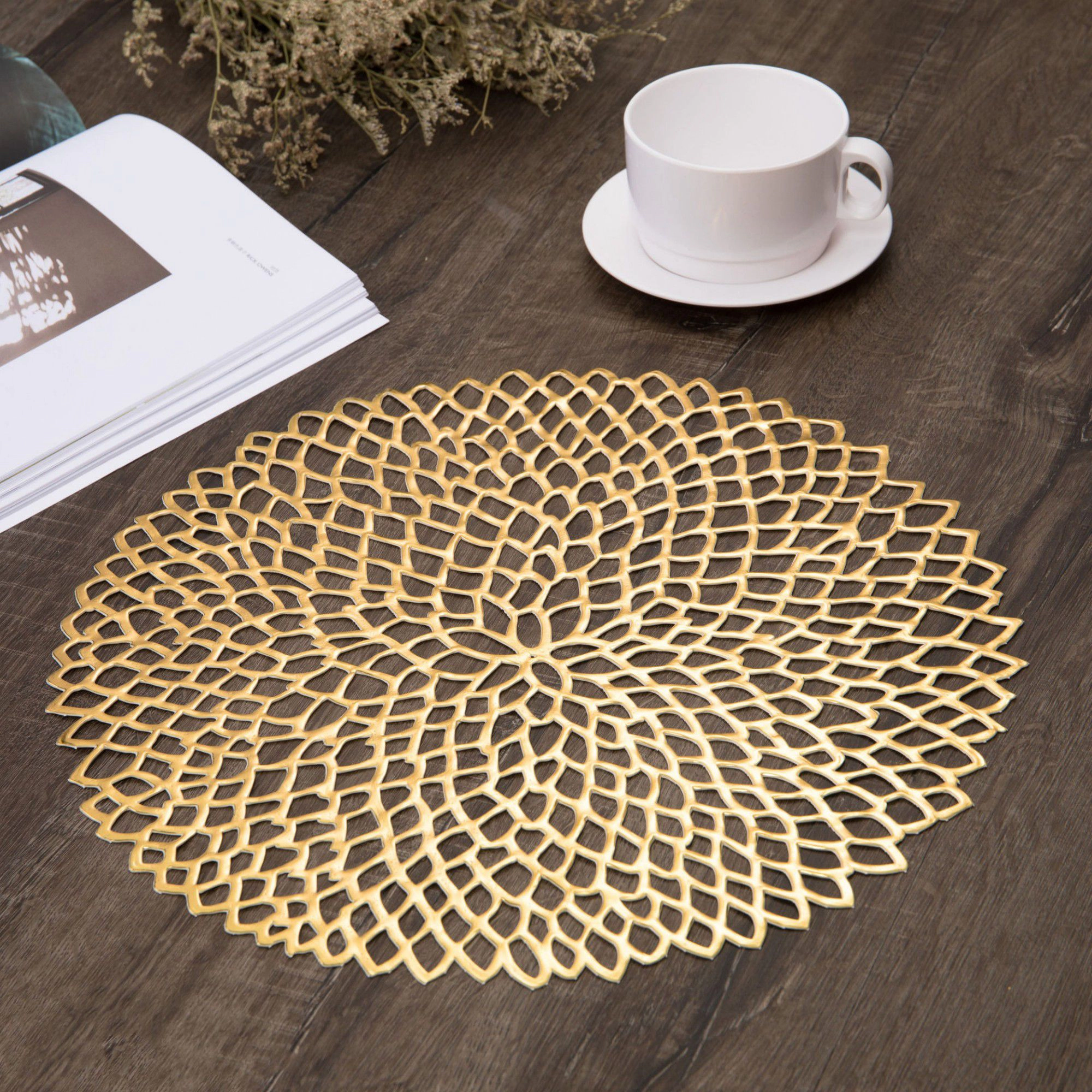 Alilang Unisex 4 Set Round Geometric Cutout Placemats with Modern Floral Design 15in