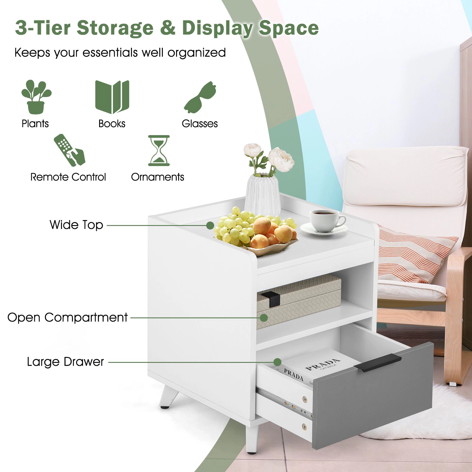 SlickBlue Unisex Modern LED Storage Nightstand Bedside Table