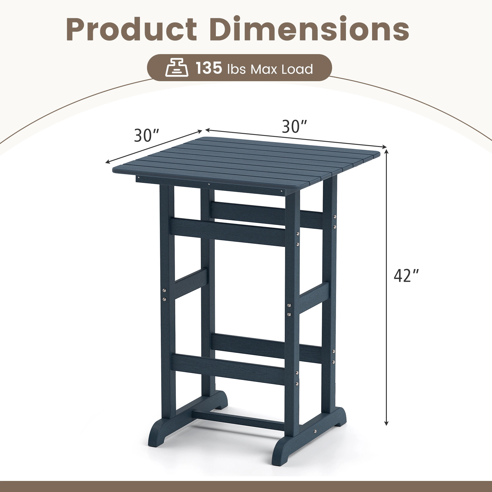 SUGIFT 30-in Square HDPE Patio Bar Table with Slatted Tabletop 42-in Tall 135-lb Capacity 1-Piece Navy