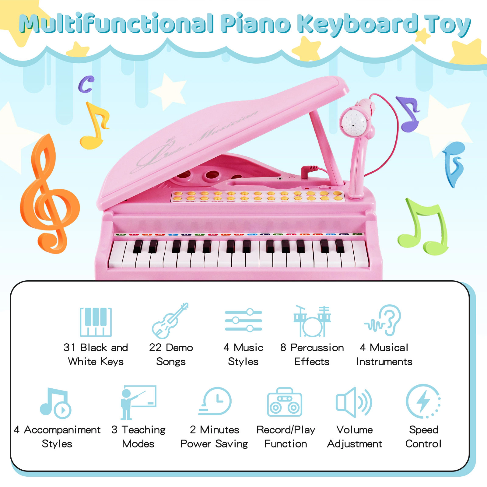 SUGIFT 31-Key Kids Piano Keyboard with Microphone, Stool and Piano Lid 110-lb Capacity Ages 3+ Pink