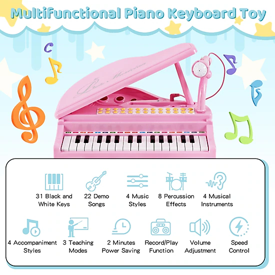 SUGIFT 31-Key Kids Piano Keyboard with Microphone, Stool and Piano Lid 110-lb Capacity Ages 3+ Pink