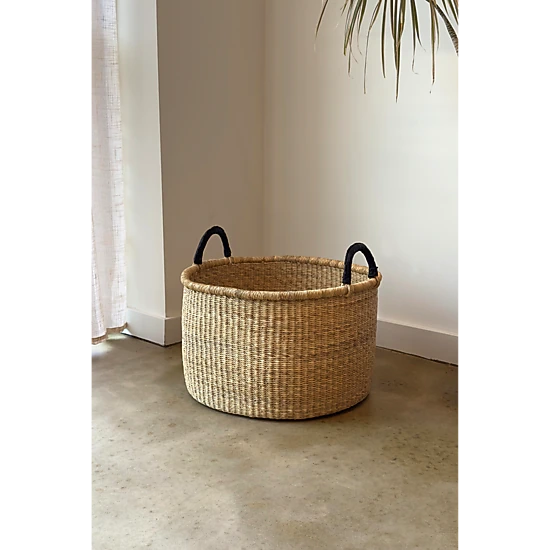Mbare Set of 3 Handwoven Short Hampers with Leather Handles