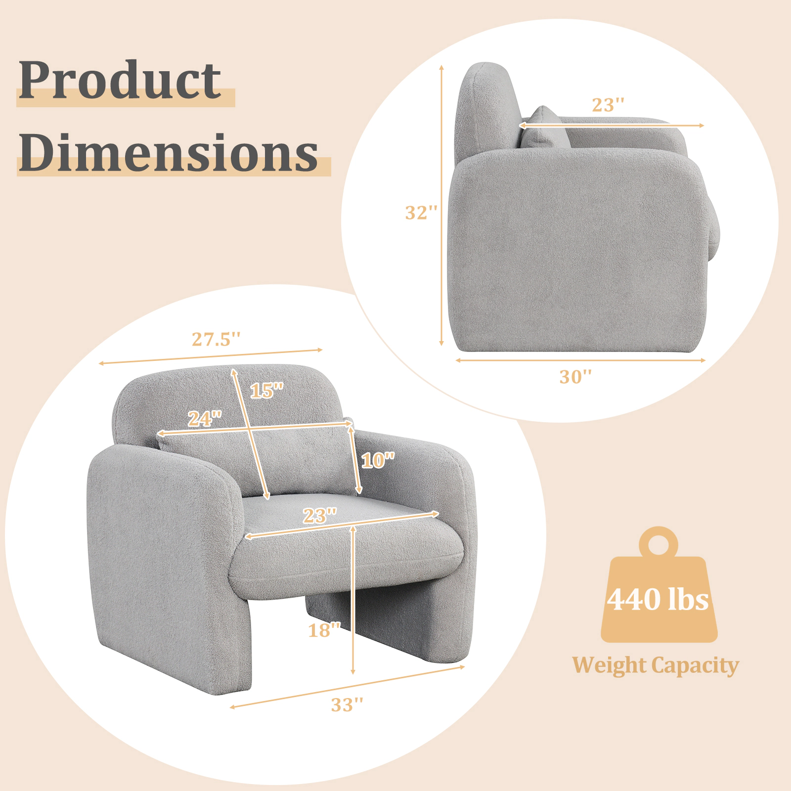 SUGIFT Modern Gray Sherpa Accent Chair, Oversized Armchair with 23-in Seat and Lumbar Pillow