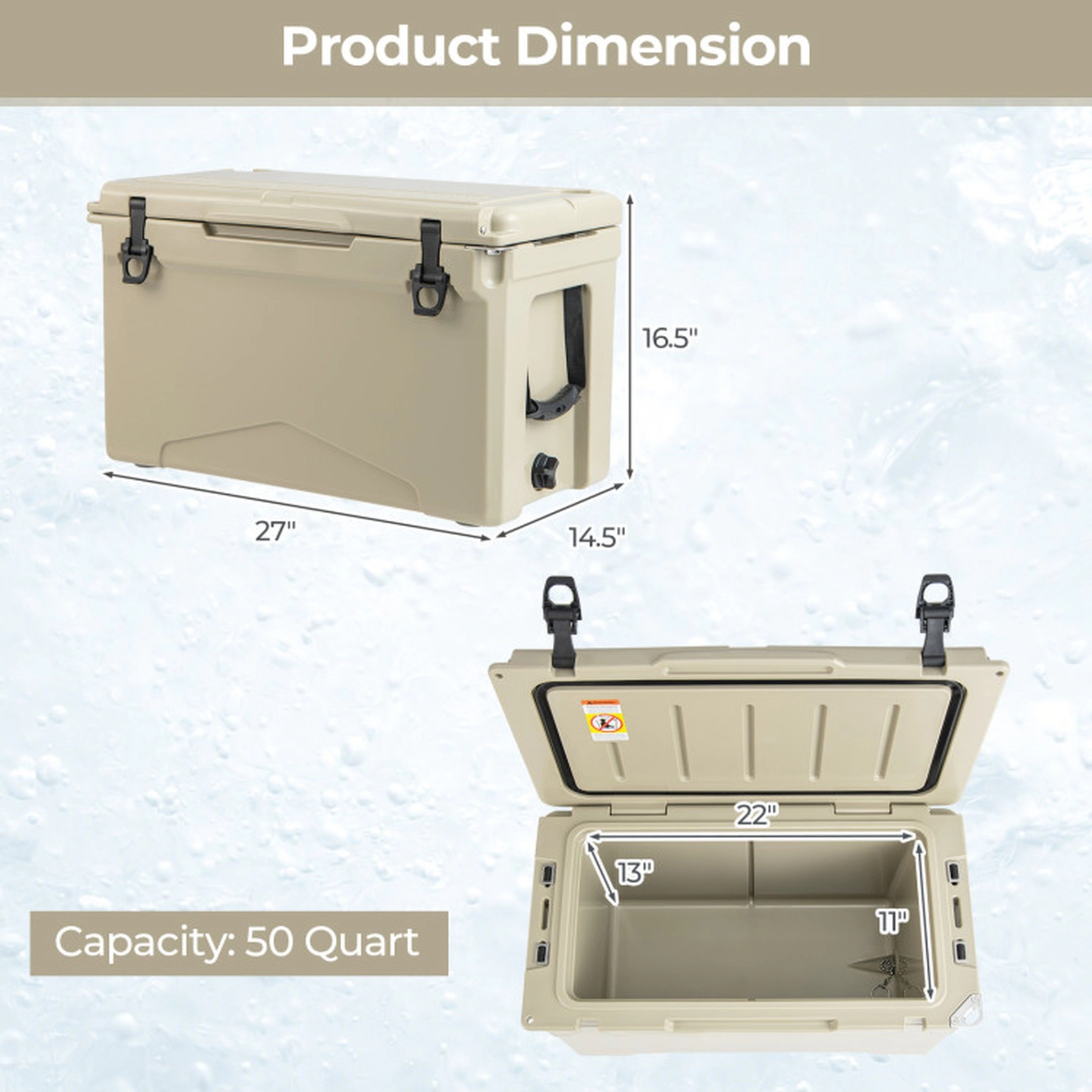 SUGIFT Tan 50-qt 220-lb Capacity Rotomolded Hard Cooler Ice Chest with Cup Holders and Bottle Opener