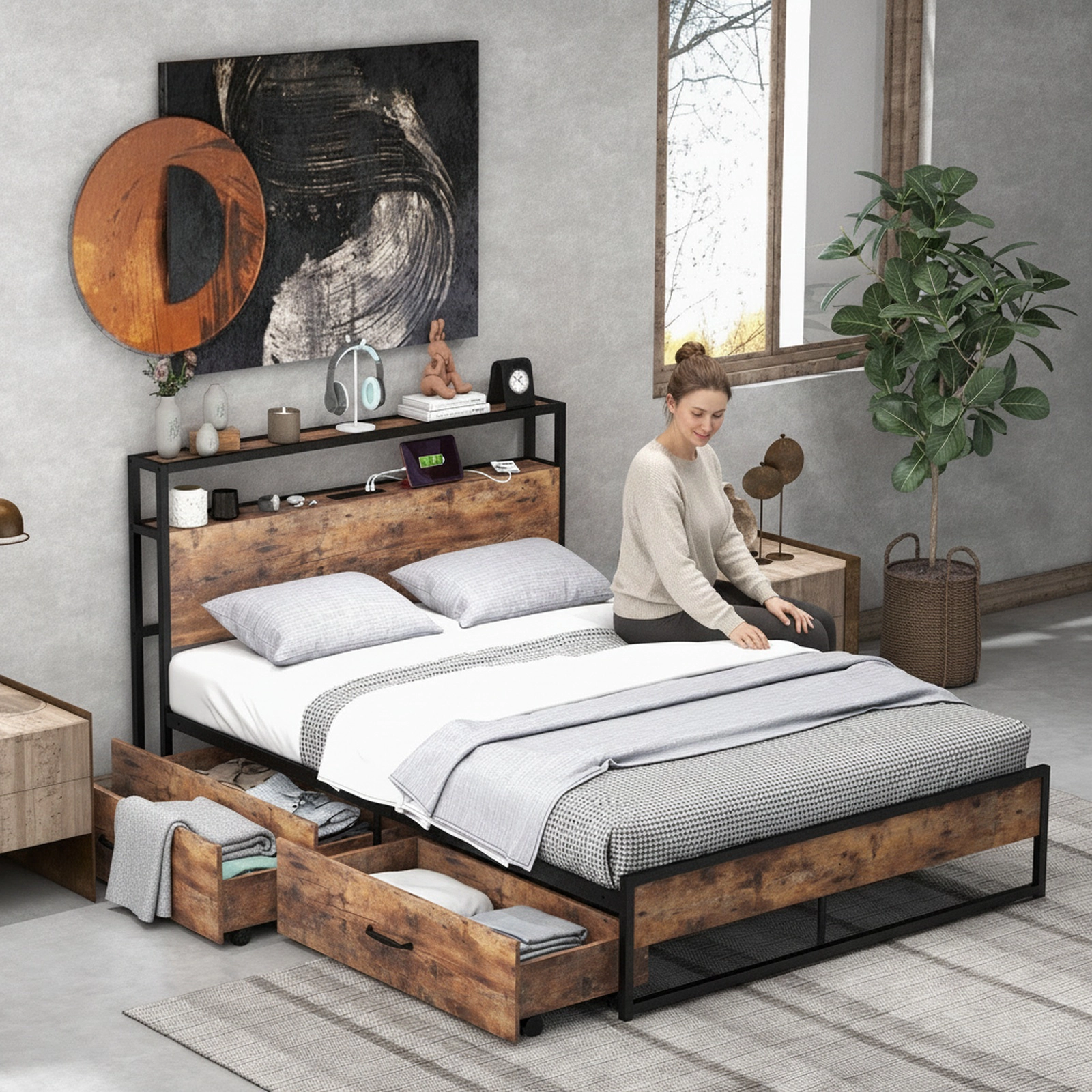 SUGIFT Full Size Metal Platform Bed with Storage Headboard, Charging Station and 2 Drawers, Rustic Brown
