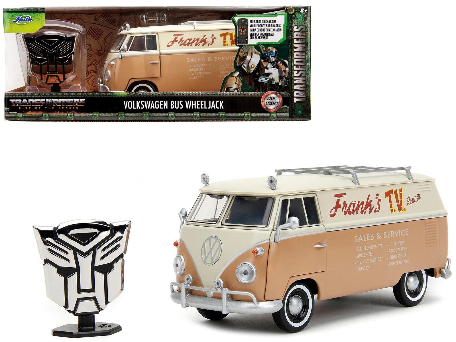 Jada Volkswagen Bus "WheelJack" Tan and Beige "Frank's TV Repair" and Transformers Logo Diecast Statue