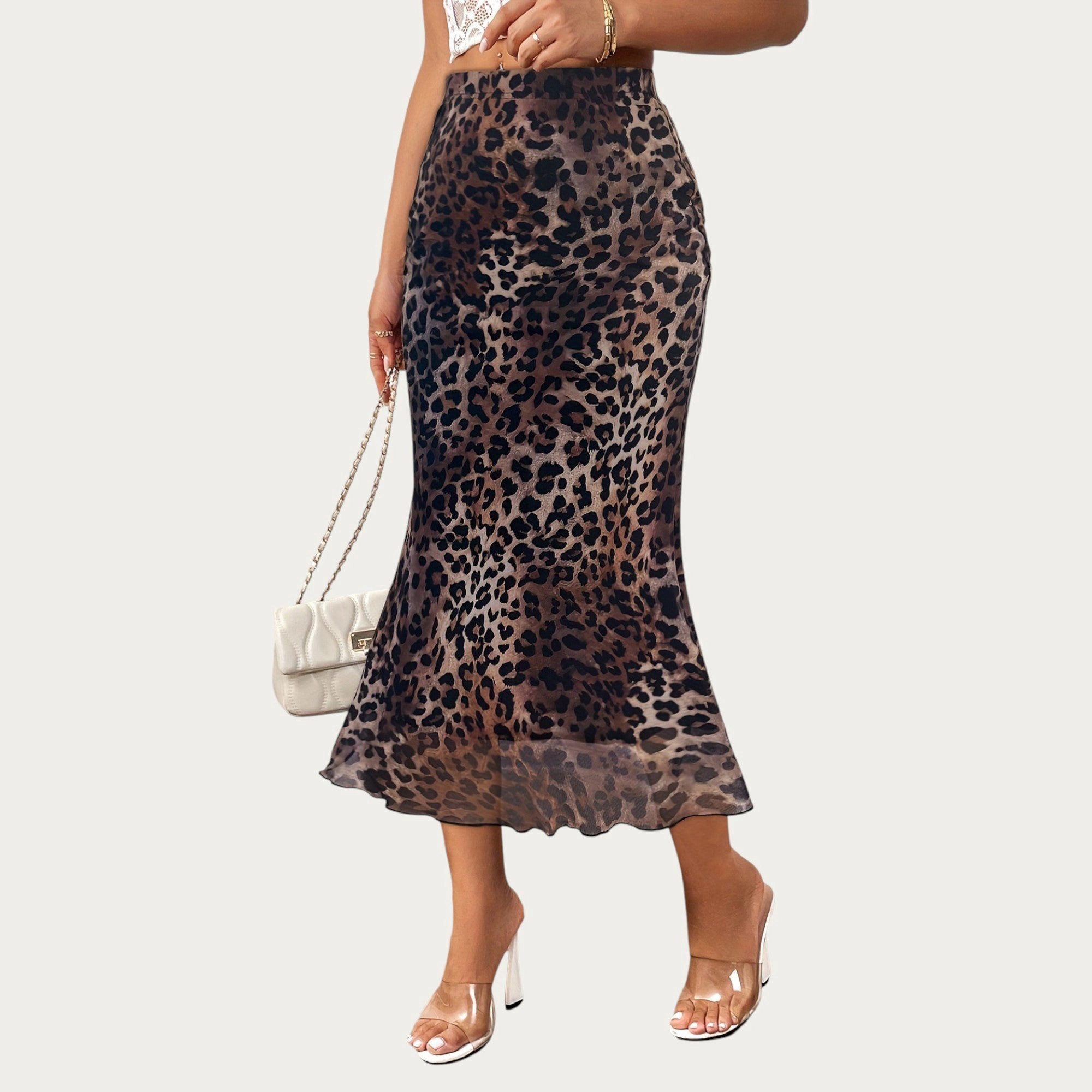 Anna-Kaci Womens Leopard Print Satin A-Line Midi Skirt