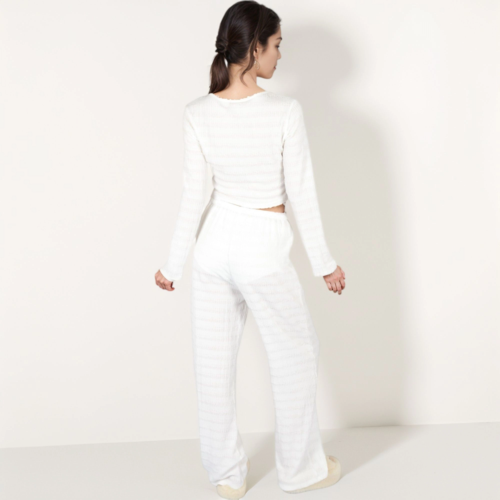 Anna-Kaci Women's Long Sleeve Waffle Knit Sleepwear Set with Front Tie Crop Top and Drawstring Lounge Pants
