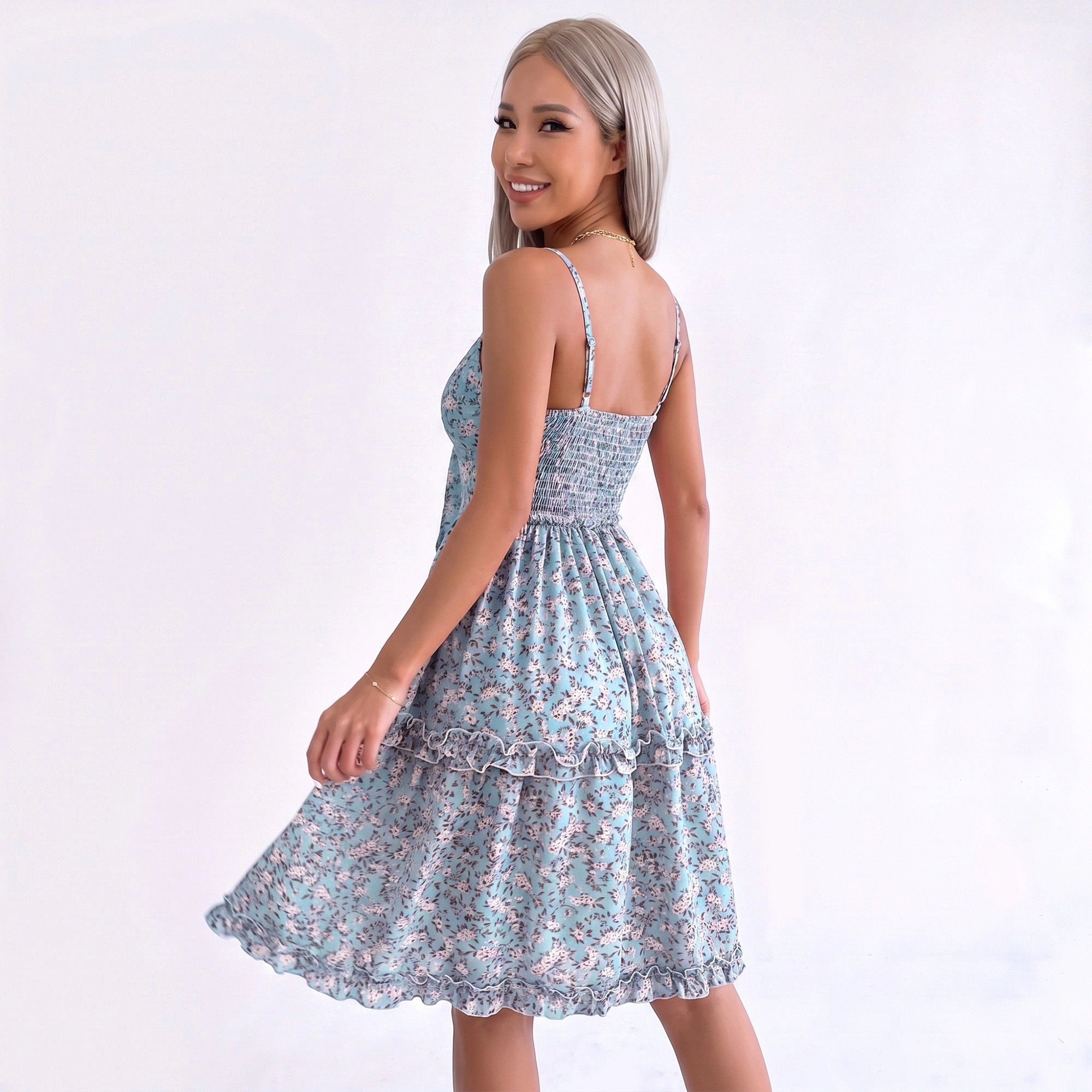 Anna-Kaci Women's Floral Tie Front Cutout Smocked Ruffle Tiered Dress